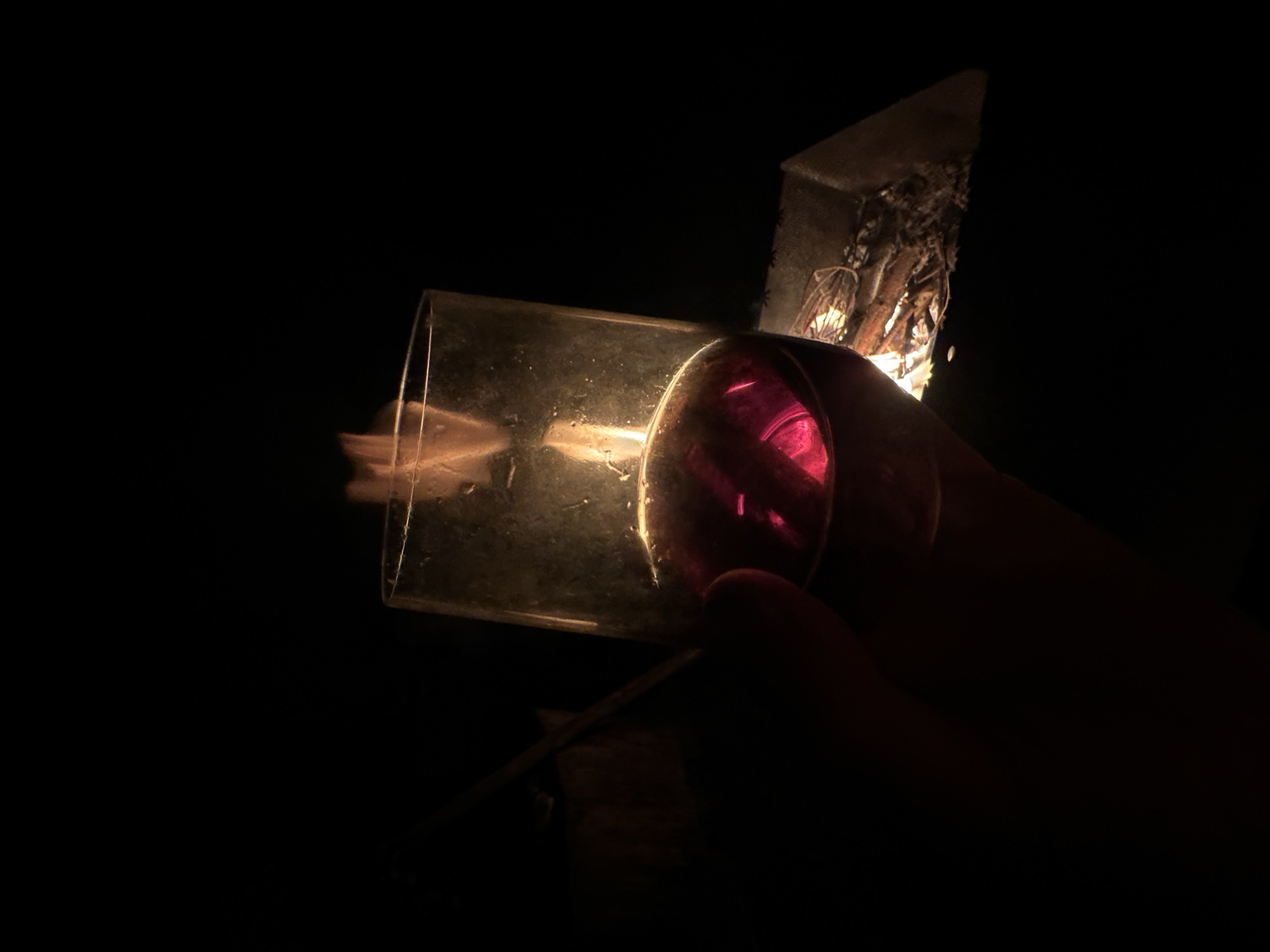 A hand holds a glass filled with a dark red liquid. The glass is partially illuminated by a fire burning in a fire pit in the background. The fire pit contains logs and embers, and smoke is rising. The background is dark, suggesting it is nighttime. The image does not provide any information about the location in the city of Biysk, Russia.