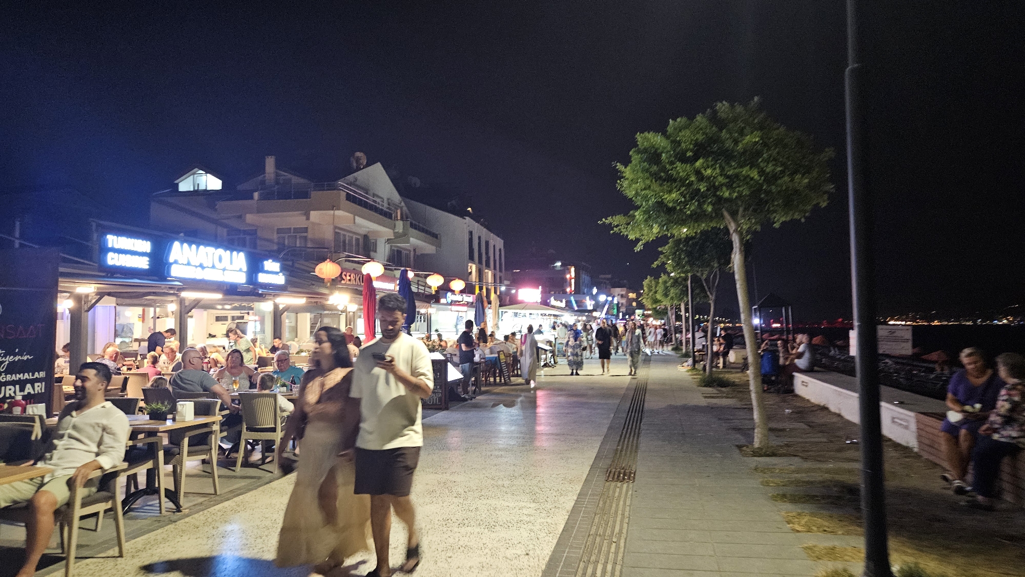 This is a nighttime street scene in Fethiye, Turkey, featuring a pedestrian walkway along a waterfront with restaurants and shops. A prominent restaurant named "ANATOLIA TURKISH CUISINE" is illuminated with neon signs. Several people are dining at outdoor tables in front of the restaurant, while others are walking along the paved walkway. To the right of the walkway, there are trees lining the path, and beyond that, a view of the sea with distant lights. The atmosphere appears lively and social.