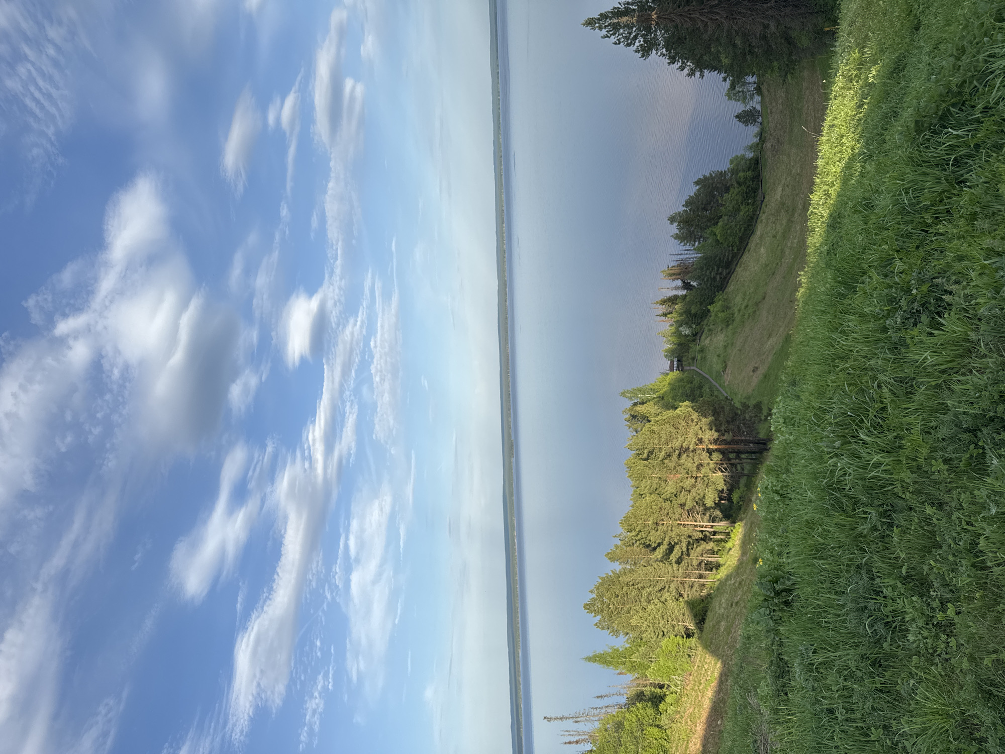 The image shows a landscape in Галево, Russia. The scene is divided into three main sections: sky, water, and land. The sky occupies the left portion of the image, displaying a bright blue color with scattered white clouds. A large body of water spans the middle ground, appearing calm and reflecting the sky's color. On the right, the land is covered with lush green grass and trees, creating a natural setting. The composition appears to be taken from an elevated viewpoint, offering a panoramic perspective of the area. No people or animals are visible in the frame.