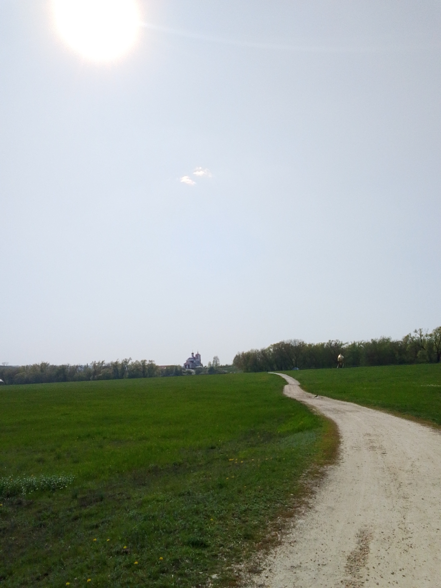 The image depicts a rural scene in Khlevnoye, Russia. A dirt path curves through a grassy field, leading towards a distant building with a prominent red roof, likely a church. The sky is bright, with a visible sun and a small cloud. A line of trees borders the edge of the field. A bird sits on the path.