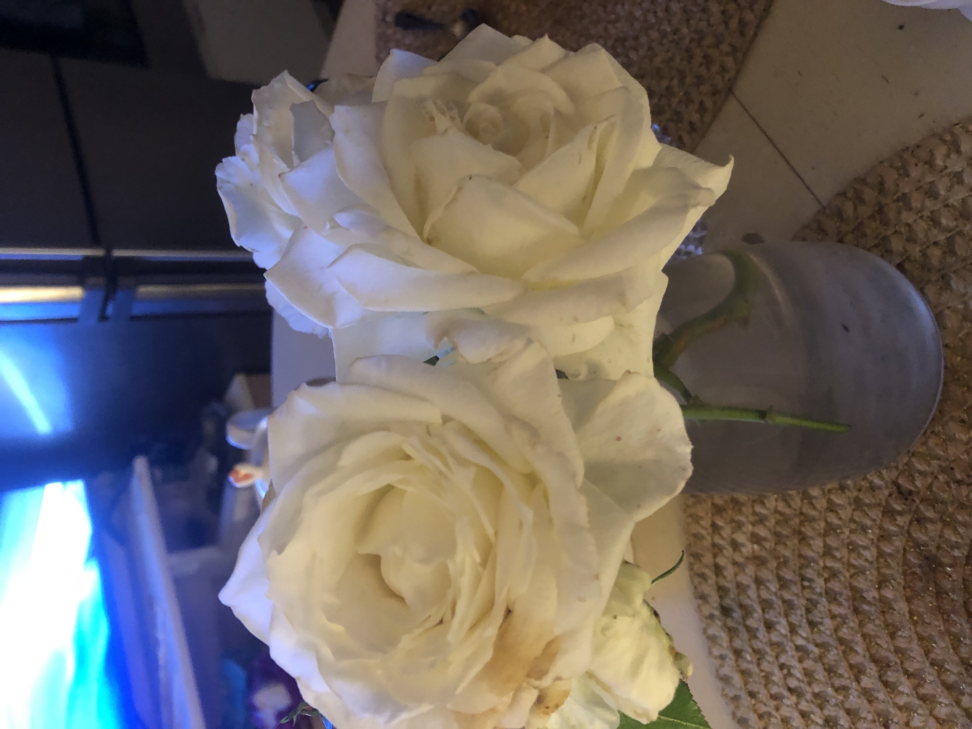 The image shows a close-up of two white roses in a glass vase. The roses have large, layered petals and appear to be slightly wilted, with some browning on the edges of the petals. The vase is clear and partially filled with water. The roses are placed on a textured, woven placemat, which is light brown in color and appears to be made of natural fibers. In the background, out of focus, is a television screen displaying a bright blue and white image, and a dark appliance that could be a refrigerator. The overall lighting suggests an indoor setting, possibly a home. The image does not contain any information that would allow for the determination of its location in the city of Arfa, Russia, or any other specific geographical location.