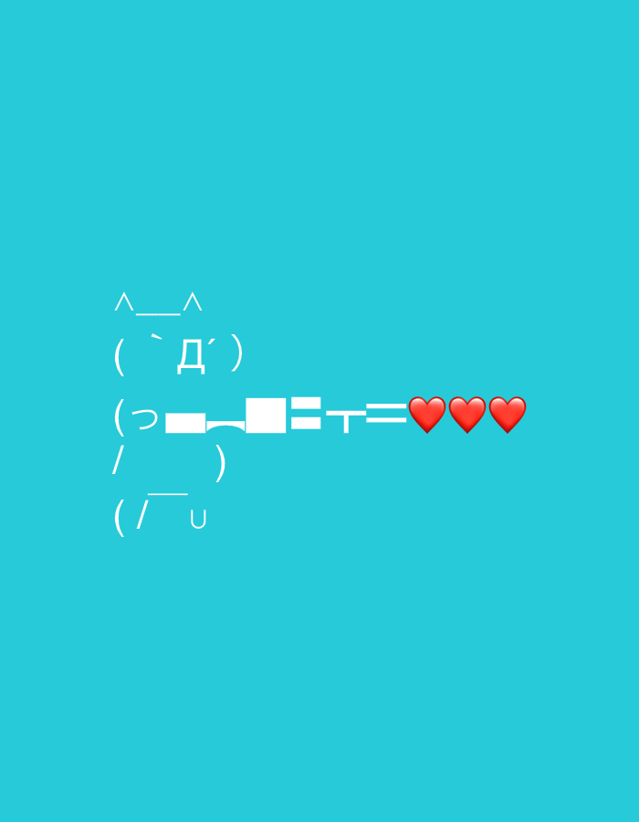 The image displays a digital graphic on a solid, vibrant turquoise background. The main subject is an ASCII art creation that resembles a stylized cat or cartoon character.
The character's head is formed by `^_^`, with `('Π΄')` serving as its face, where 'Π΄' is a Cyrillic letter. Below the face, `(γ£)` suggests a body or an arm. Extending horizontally from this arm is a structure made of text characters: `γΌβ‘=γ=`. This assembly resembles a playful device or gun. From the end of this structure, three red heart emojis (`β€οΈ β€οΈ β€οΈ`) are depicted, suggesting the action of "shooting" or sending hearts.
The overall impression conveyed by the graphic is one of cuteness, affection, and playfulness. There are no other discernible subjects, objects, or a specific scene. The uniform background provides no cues about the time of day, weather, or a real-world location. The provided location context of Dunavtsi, Bulgaria, is not visually supported by any elements within the image itself, which is purely a graphic composition.