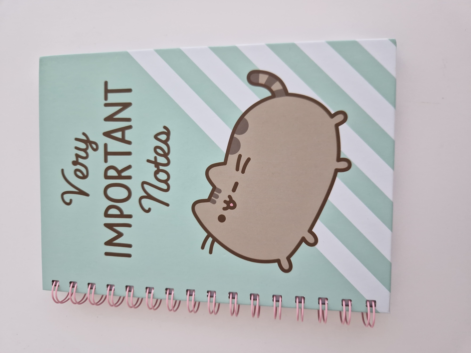 A light blue spiral-bound notebook with pink spiral binding is shown against a plain white background. The notebook cover features the text "Very IMPORTANT Notes" in dark brown lettering, with "Very" and "Notes" in a script font and "IMPORTANT" in a block font. A cartoon illustration of a grey cat with dark stripes on its tail is positioned on the lower half of the notebook cover, winking with one eye. The background of the notebook cover has diagonal stripes in light green and white. The notebook is positioned at an angle, with the left side slightly closer to the viewer. There is no indication of location in Sofia, Bulgaria.