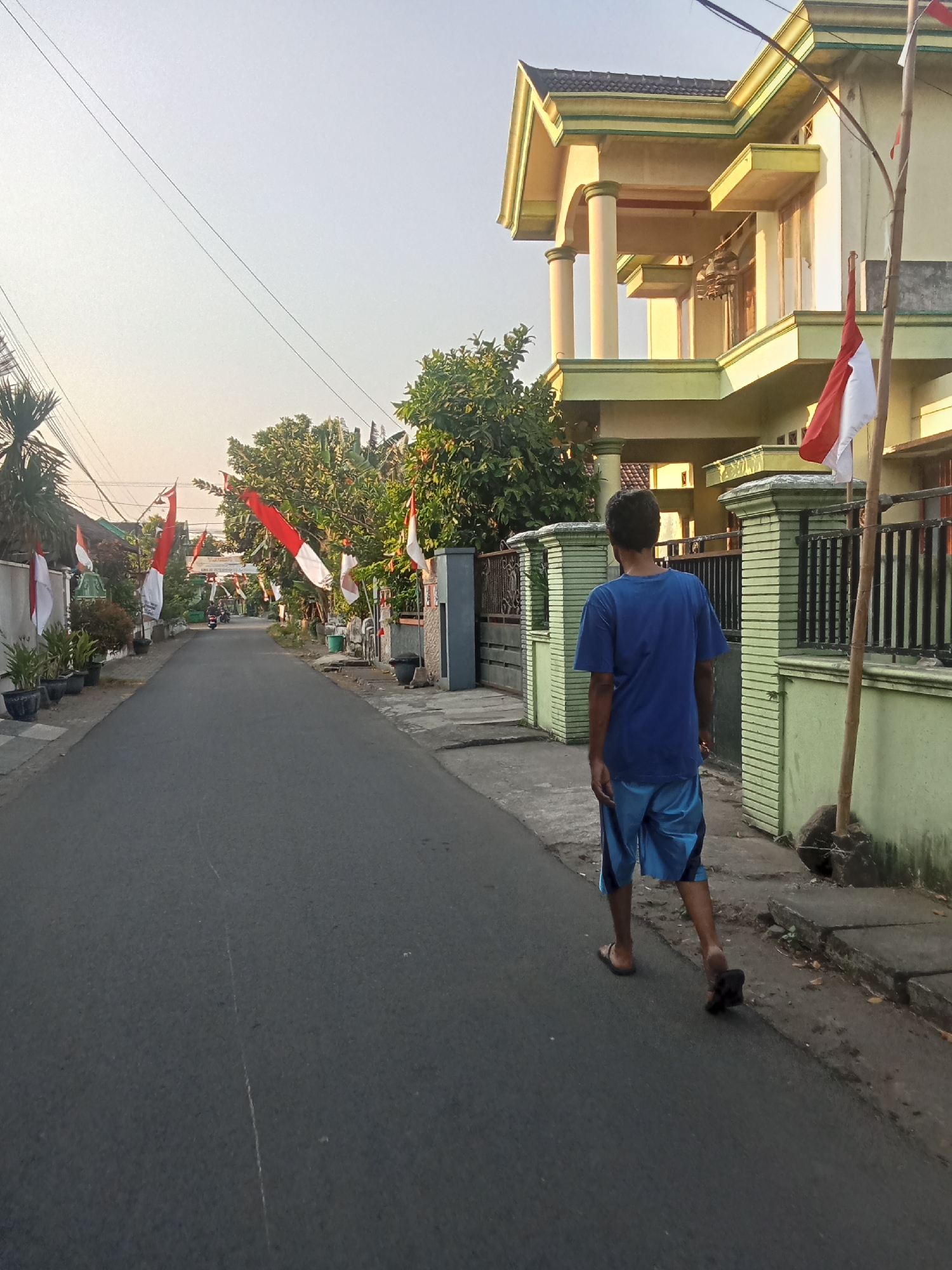 The image shows a street in Plandi, Indonesia, decorated with Indonesian flags, suggesting a national celebration. A young man wearing a blue t-shirt and blue shorts is walking away from the camera on the right side of the road. The street is paved and lined with houses and trees on both sides. The sky is clear and a soft light suggests it is either early morning or late afternoon.