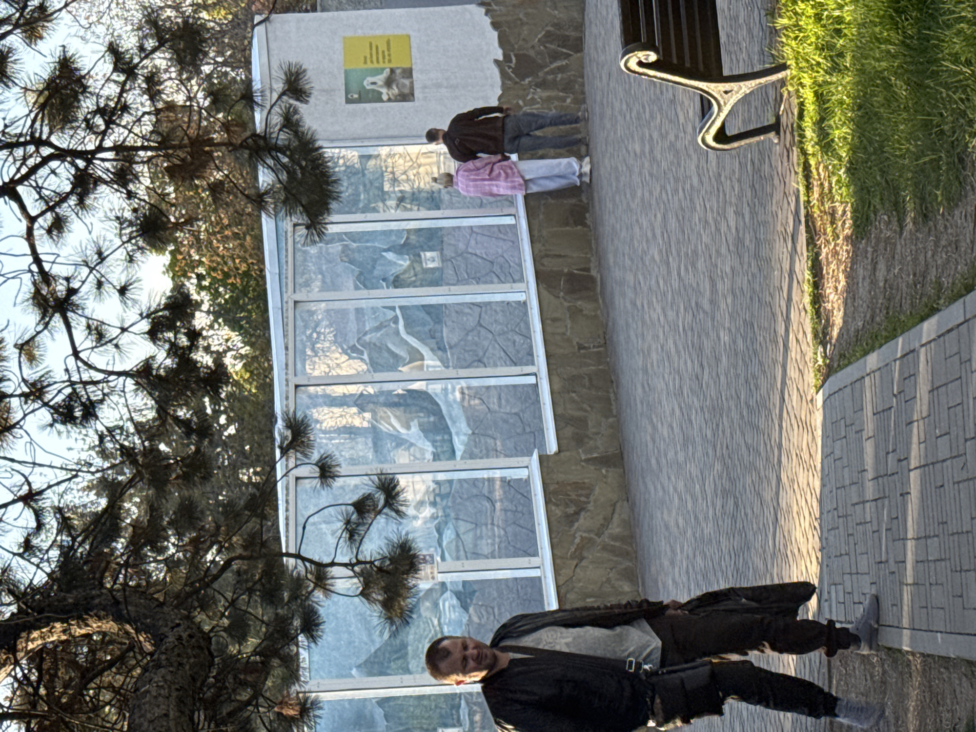 The image depicts a scene in what appears to be an outdoor area in Rostov-on-Don, Russia. In the foreground, a man with short hair is standing on a paved pathway. He is wearing a dark jacket over a lighter-colored shirt, dark pants, and grey shoes.
Behind him, partially obscured by a tree, is a glass-enclosed structure, possibly an animal enclosure. A couple is standing in front of the enclosure. The man is wearing a dark jacket and trousers. The woman is wearing a light pink shirt and light grey pants.
To the right of the enclosure is a bench and beyond that is a patch of grass. A paved pathway runs along the right side of the frame.
The scene is bathed in sunlight, suggesting it is daytime. The presence of a tree and grassy areas indicates a park or garden setting.