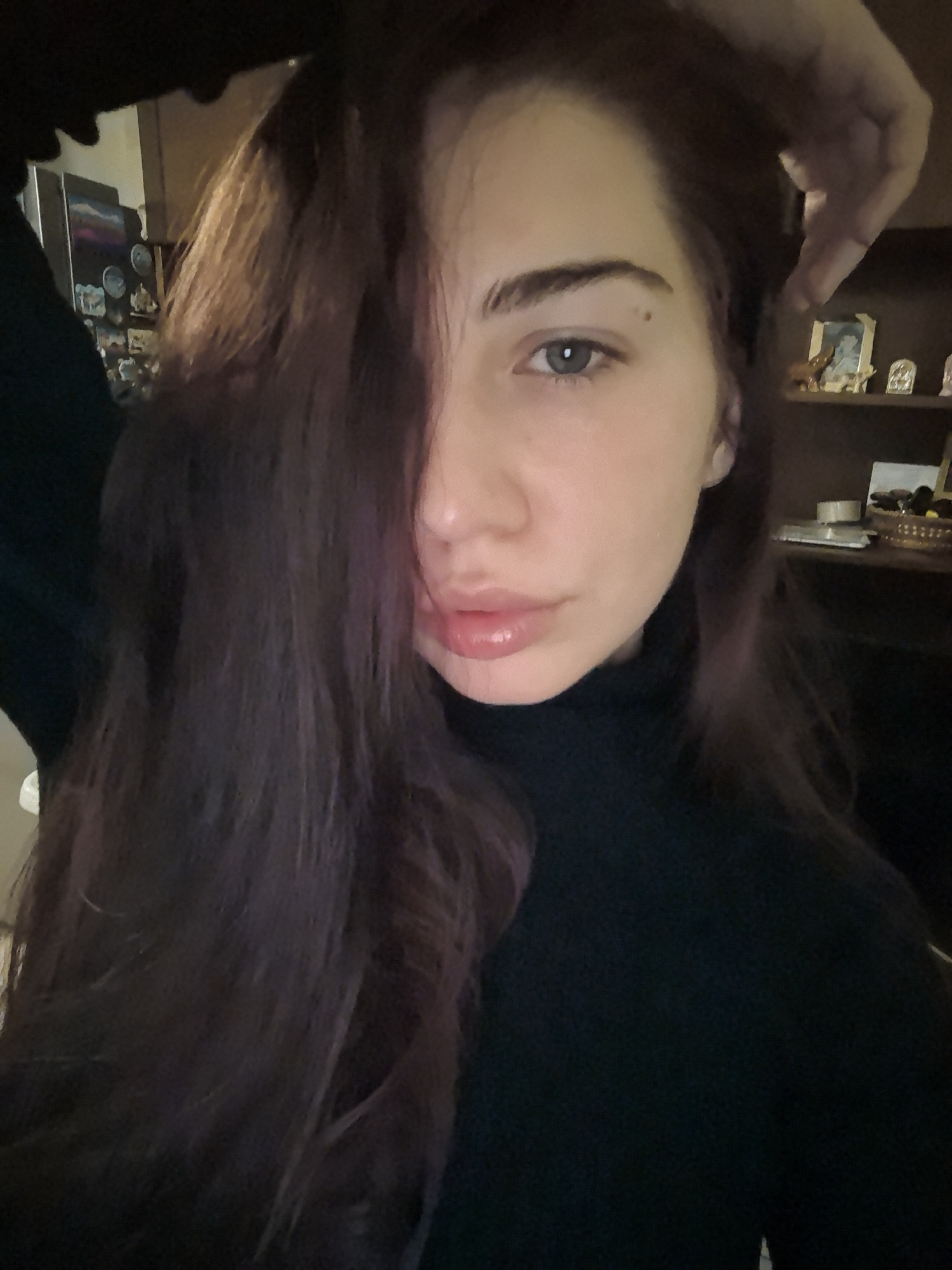 The image captures a close-up, chest-up portrait of a female subject, estimated to be a young adult, situated within an indoor residential setting in Stara Zagora, Bulgaria. The subject has long, dark brown to auburn hair, which cascades over her left shoulder and partially obscures the left side of her face, extending across her chest. Her right hand is raised and positioned at the upper right side of her head, appearing to touch or adjust her hair. She is wearing a dark-colored, likely black, turtleneck garment. Her visible right eye features a blue-grey iris, and a small, dark mole is present on her right cheekbone, below the eyebrow. Her lips are full and exhibit a glossy texture. The subject's gaze is directed forward, toward the viewer.
The background on the right side of the frame consists of a dark wooden shelving unit displaying various objects, including framed pictures, small figurines, and a woven basket containing additional items on a lower shelf. The background on the left is darker and partially obscured, revealing hints of a light-colored appliance, possibly a refrigerator, adorned with multiple magnets. The scene is illuminated by dim, warm artificial light.