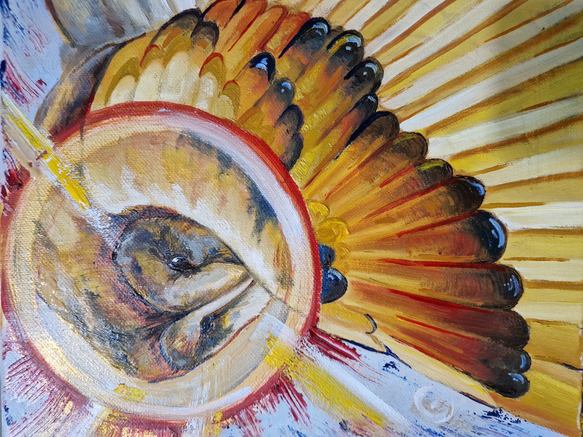 The image is a close-up oil painting depicting a stylized animal face, possibly a fish or reptile, encircled by a halo-like form with radiating feather-like elements. The animal's face is rendered in earth tones, with visible eyes and a suggestion of a mouth. The surrounding circular form is primarily yellowish-brown, with a red outline. The radiating elements are painted in shades of yellow, orange, and brown, with dark tips that have a hint of blue reflection. The background contains brushstrokes of white, yellow, red, and blue. The location and city are unspecified.