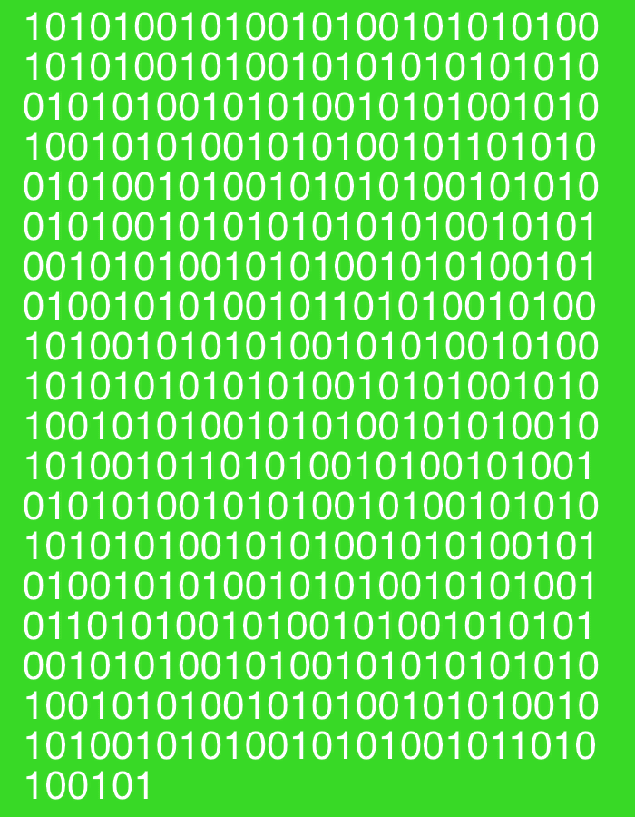 The image displays a digital pattern of binary code in white text against a vibrant green background. The binary code is arranged in horizontal lines, creating a visually dense and repetitive effect. There are no people, objects, or actions depicted. The environment is a flat, uniform green, lacking any discernible geographical features. Therefore, it is impossible to determine a location in Davao City, Philippines, or any other specific city.