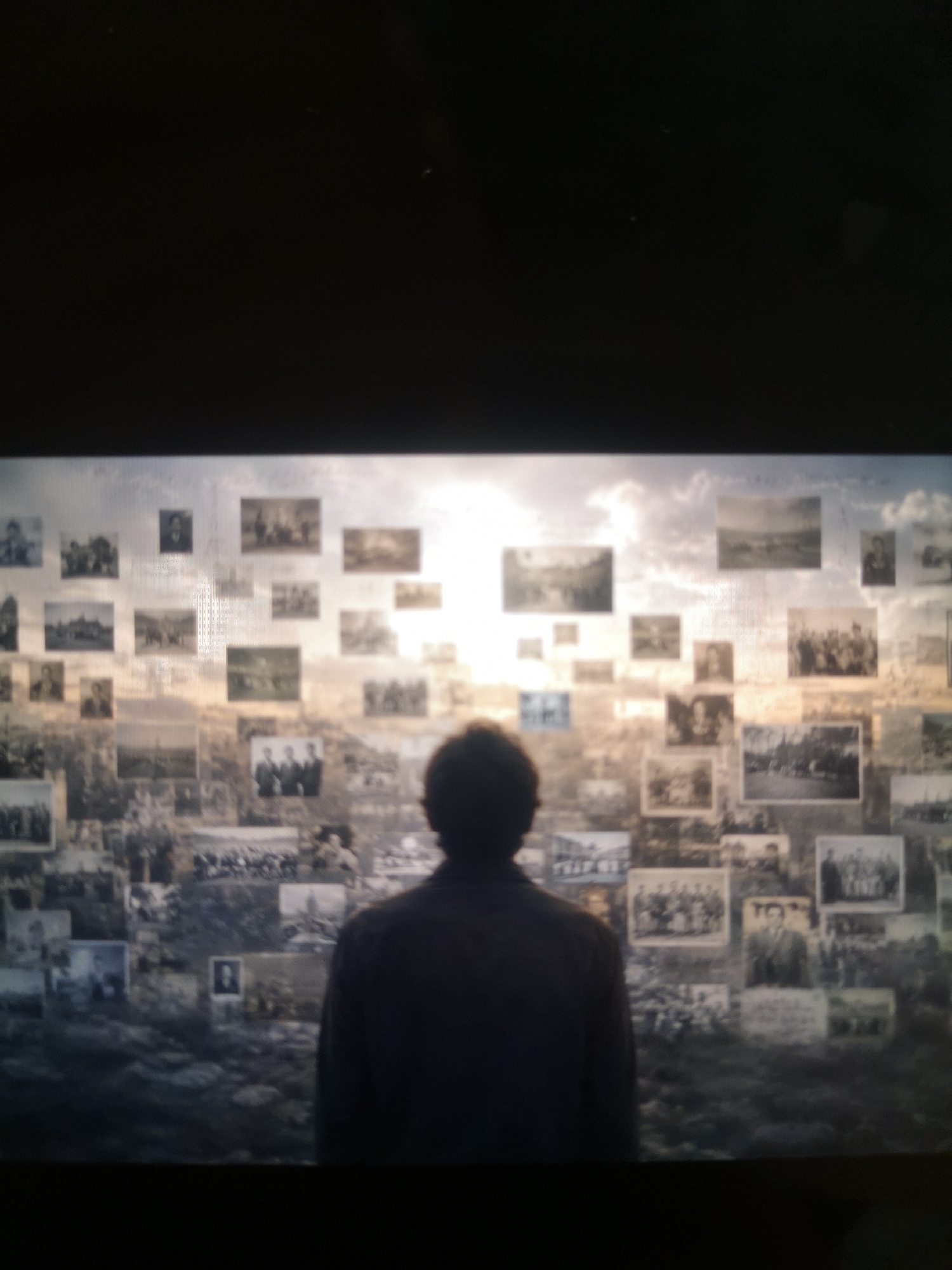A person stands with their back to the viewer, facing a large display. The display appears to be a collage of black and white photographs set against a backdrop that includes a sky and landscape. The photos vary in size and content, seemingly depicting groups of people, buildings, and landscapes. The overall setting is unclear due to the blurred background and focus on the display. No city or specific location is identifiable.