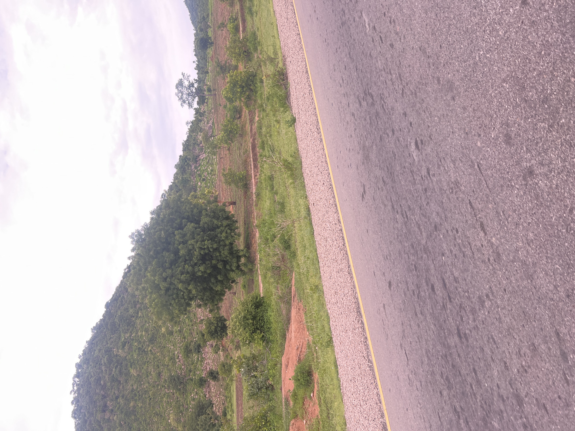 The image depicts a landscape scene in Minda, Nigeria. A paved road with a yellow line marking its edge runs diagonally across the right side of the frame. To the left of the road, a gravel shoulder separates it from a grassy embankment. Further to the left, a hillside is covered with trees and vegetation. The sky above is overcast with light clouds. The image is oriented sideways, suggesting it was taken from a moving vehicle or a handheld device that was not held upright. No people or specific objects are clearly identifiable, and there is no visible text. The time of day appears to be daytime, with diffused light indicating cloudy or overcast weather. The scene suggests a rural or semi-rural environment.