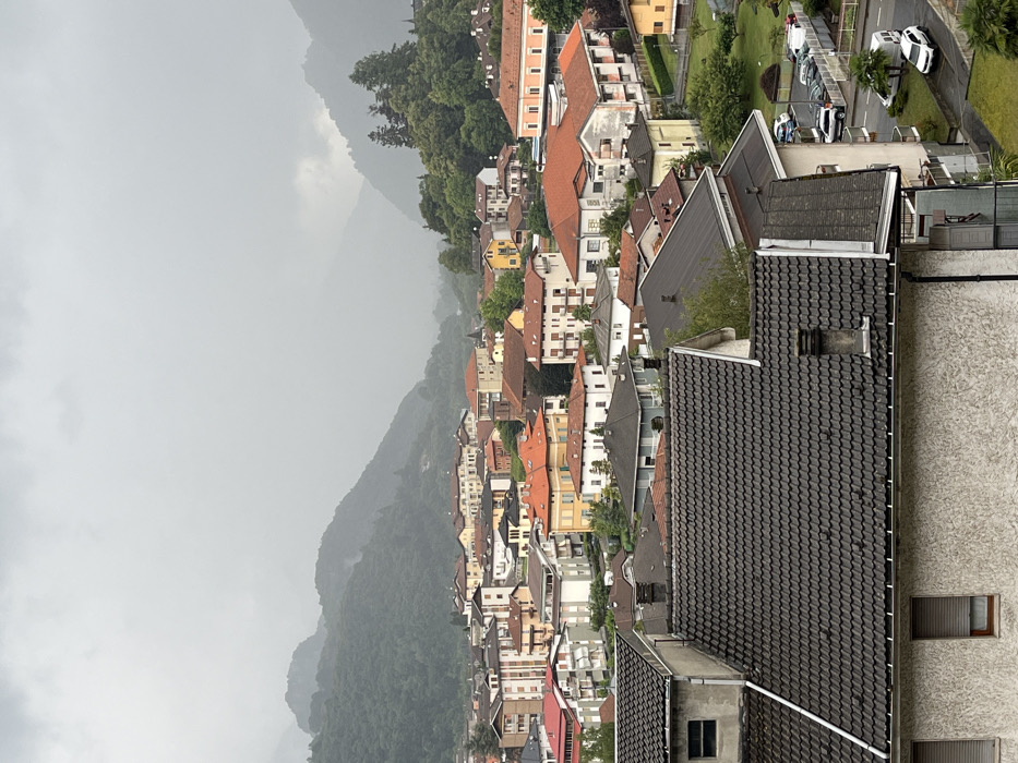 This image presents an elevated, wide-angle view of the city of Varallo, Italy, under an overcast sky. The foreground is occupied by the dark grey, tiled roofs of residential buildings, featuring visible chimneys and gutters, with sections of textured, light-colored stucco walls and windows with closed shutters. The midground showcases a dense cluster of multi-story buildings, characterized by pitched roofs primarily in terracotta, brown, and dark grey, and facades painted in a variety of colors including white, cream, light yellow, orange, and pale brown. Greenery, consisting of trees and landscaped areas, is interspersed among the structures, particularly evident on the right side where a paved road with multiple parked cars and a white delivery van is visible. The background features steep, forested mountains rising behind the city, their upper sections partially obscured by low-hanging clouds or mist, indicating a damp or cloudy atmospheric condition. No individuals are depicted, and no specific actions or interactions are occurring.