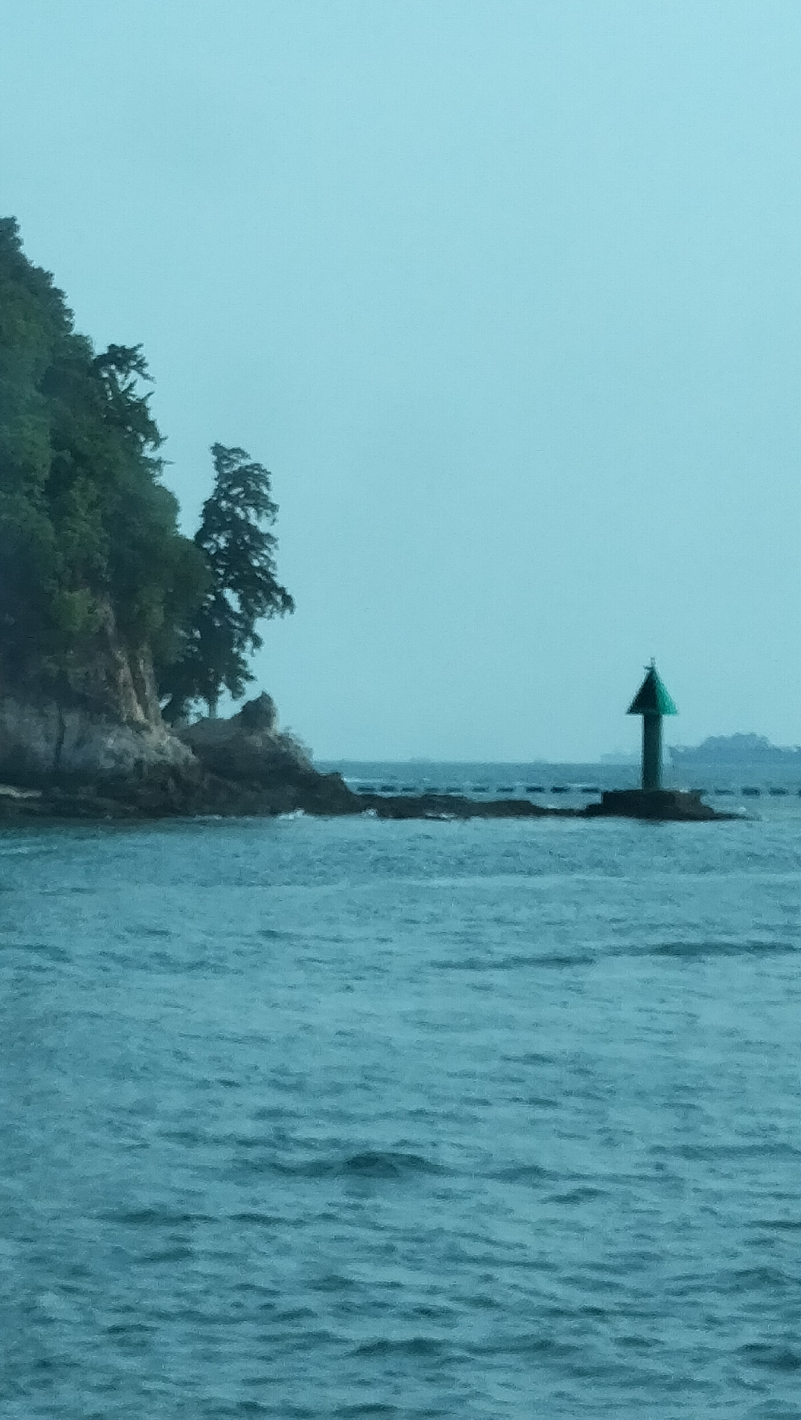 The image depicts a coastal scene with a rocky outcrop on the left, covered in dense green foliage. A single, tall, dark-leaved tree stands on the outcrop, its branches reaching upwards. In the distance, to the right, a small, dark, arrow-shaped structure with a green top emerges from the water, positioned on a rocky platform. The water in the foreground is a deep blue-green, with visible ripples and waves. The sky is a hazy, pale blue, with no visible clouds or sun. The overall impression is one of a serene, somewhat overcast day at sea, with a navigational marker standing out against the muted background. This scene is not identifiable as being within the city of Singapore.