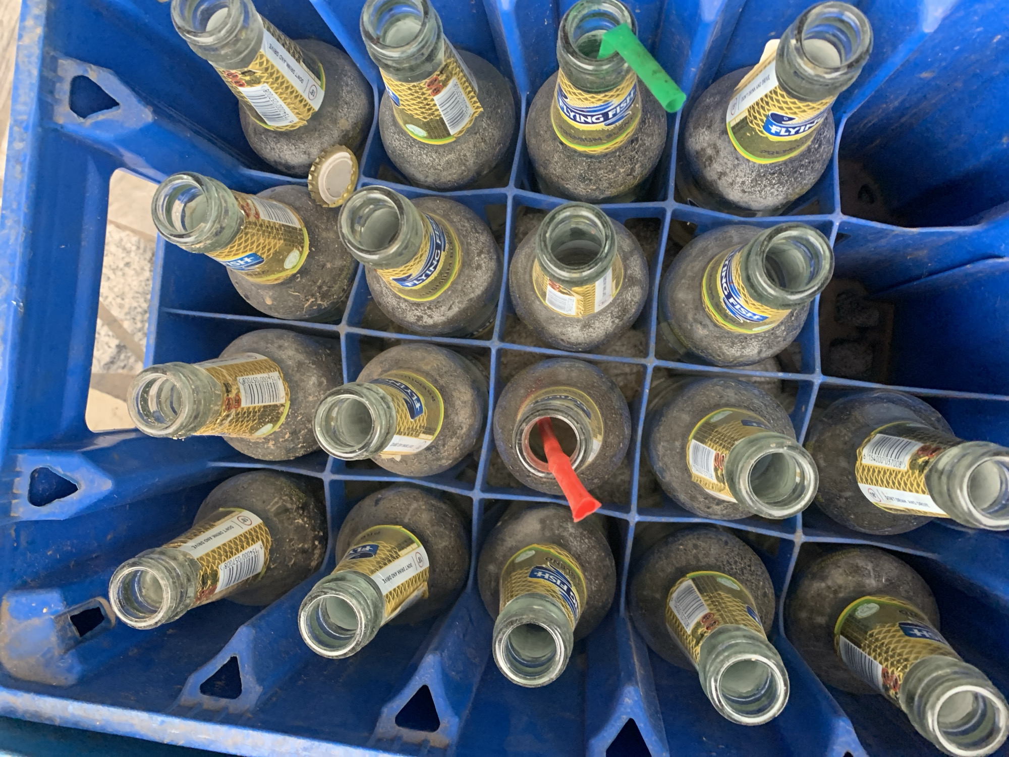 A blue plastic crate filled with empty "Flying Fish" beer bottles is photographed from above. Most bottles are dusty or dirty, and some have straws or bottle caps in or around them. The environment appears to be outdoors, with bright, natural lighting. The location is not specified, and there is no indication it is in New Stadium, Nigeria. There are no people present in the image.