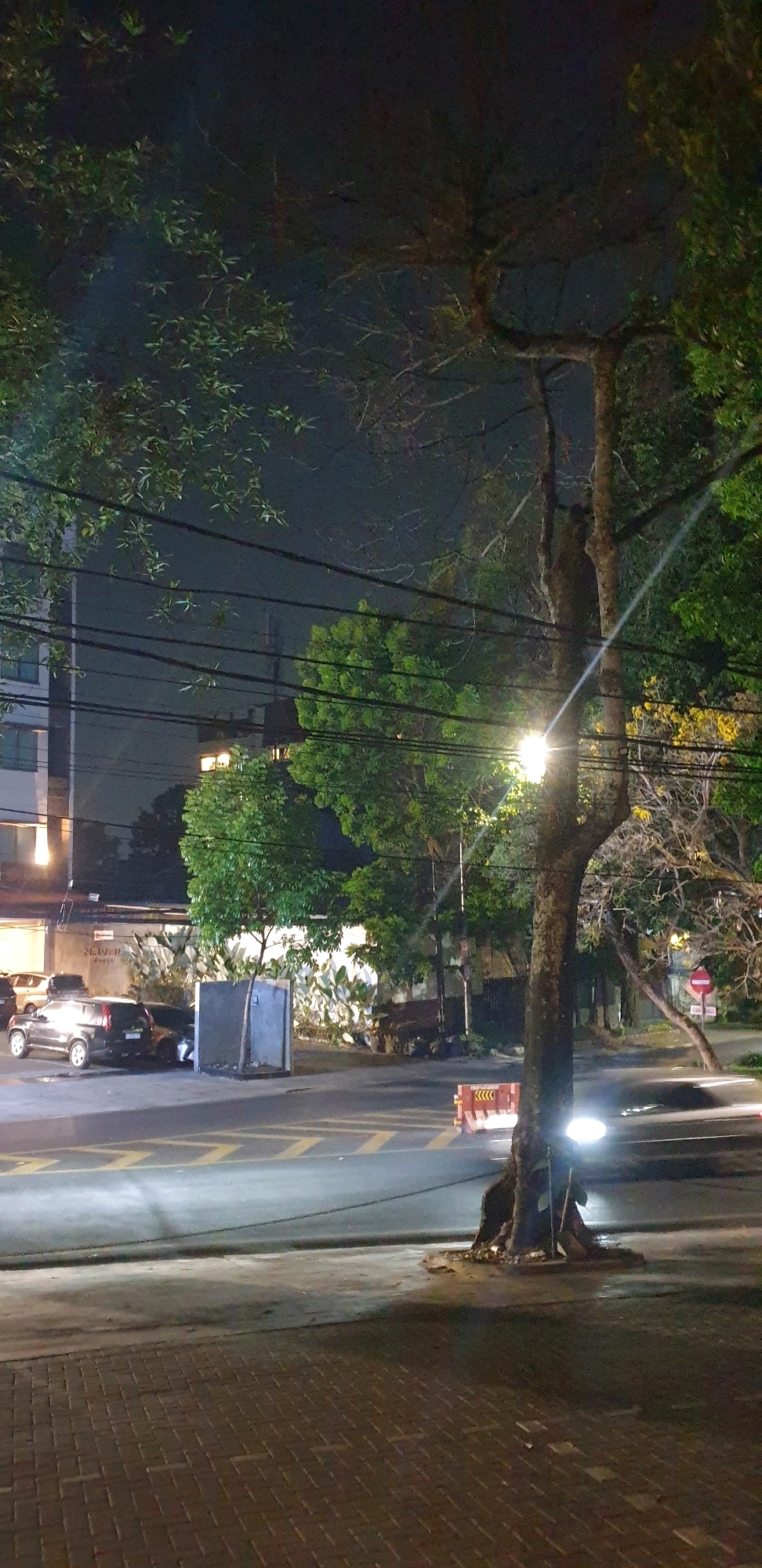 The image depicts a street scene at night in Bandung City, Indonesia. A large tree with bare branches and some foliage stands prominently in the foreground, partially obscuring a street lamp. The street itself is paved and has yellow lane markings. On the left side of the street, several cars are parked, including a silver SUV and a darker colored sedan. Adjacent to the parked cars is a modern building with windows. In the background, there is more greenery from trees and possibly some foliage walls. Overhead, power lines crisscross the scene. The overall atmosphere is dark and illuminated by artificial light sources.