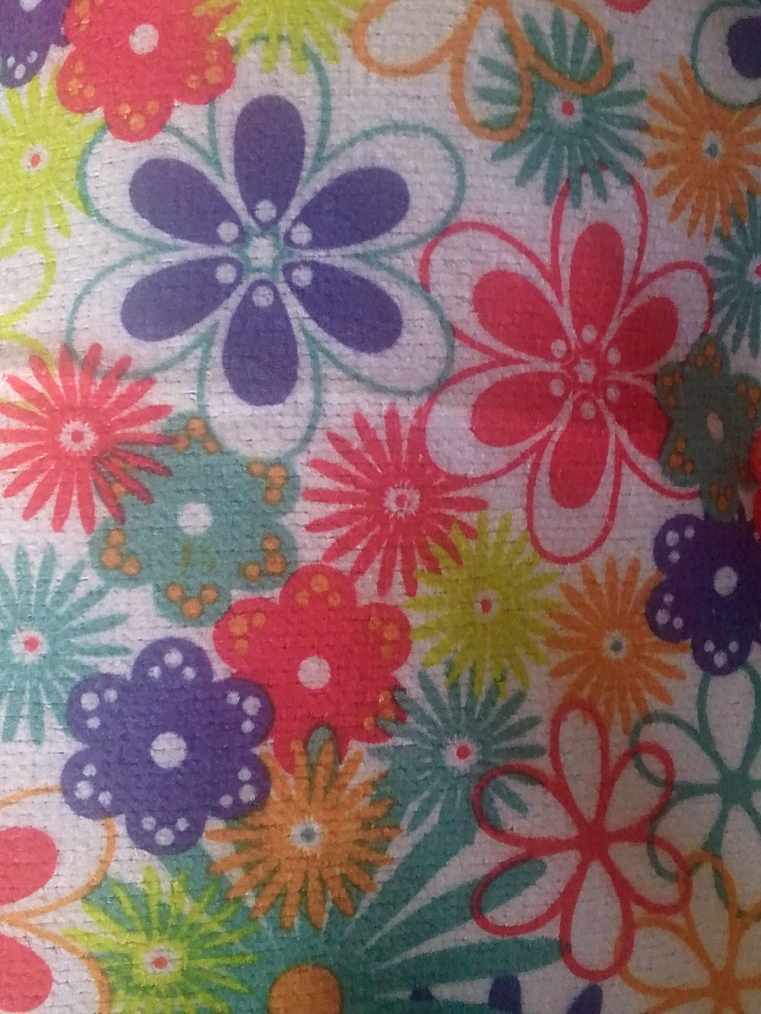 This close-up image, captured in Santa Ana, Venezuela, displays a vibrant and cheerful floral pattern on what appears to be a textile surface, likely fabric like a towel or blanket, given its slightly textured appearance. The pattern features a dense, overlapping array of stylized flowers of various shapes and sizes, set against a predominantly white or off-white background.
A rich and diverse color palette is used, including prominent shades of purple, coral red, bright pink, orange, lime green, and teal. Some flowers are large, such as a six-petal purple flower outlined in teal, and a five-petal red flower with a white outline; many of these larger blossoms have distinct white centers. Smaller flowers in various styles are scattered throughout: some are daisy-like with numerous thin petals in colors such as pink, orange, yellow-green, and teal, often with small red or white centers. Other smaller flower shapes include solid blocks of color, such as a teal six-petal flower with orange speckles and a purple flower detailed with white dots on its petals.
The overall impression is one of brightness and energy, created by the playful arrangement and bold colors. There are no people, animals, or specific objects other than the floral design itself, and no discernible activity or visible text. The image serves as a detailed visual of a decorative textile item.