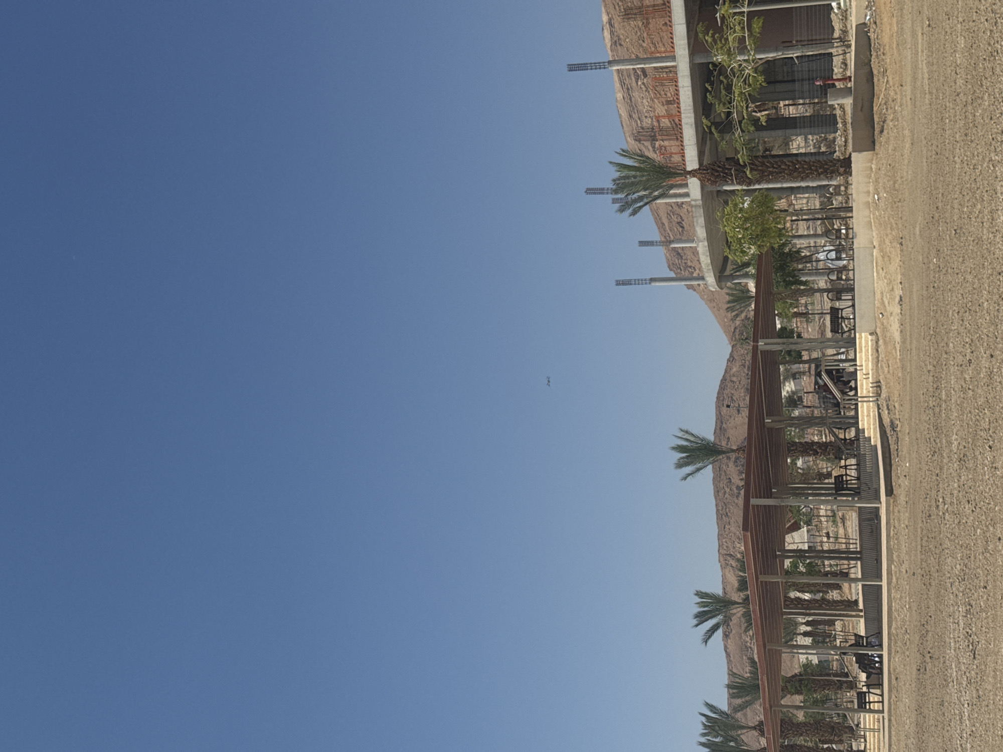 The image shows a landscape in the Tamar Regional Council, Israel, under a clear blue sky. A small bird is visible in the sky. A rocky mountain range is located in the background. Along the right side of the image, there is a row of palm trees situated near a structure with seating. In the upper part of the image, there is a building under construction. To the right, there is a dirt or gravel surface. The scene is well-lit, suggesting it is daytime.