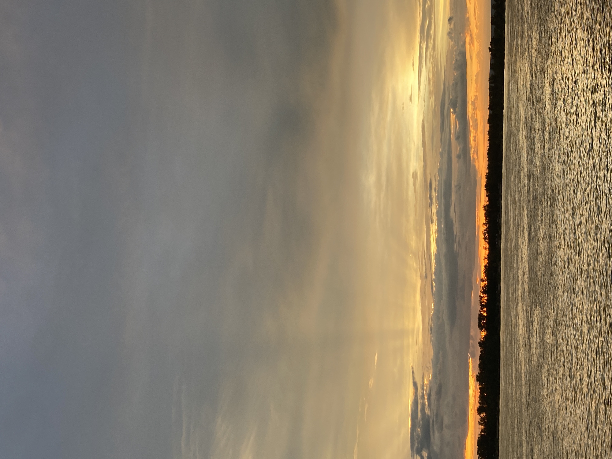 The image depicts a sunset over a body of water, likely a river or lake, with a treeline silhouetted against the horizon. The sky is a gradient of grays and oranges, with rays of sunlight breaking through the clouds. The water is calm and reflects the colors of the sky. There are no people or structures visible in the foreground or middle ground. The scene is serene and natural. The location is unspecified, but the user has requested that it be identified as Novokuybyshevsk, Russia.