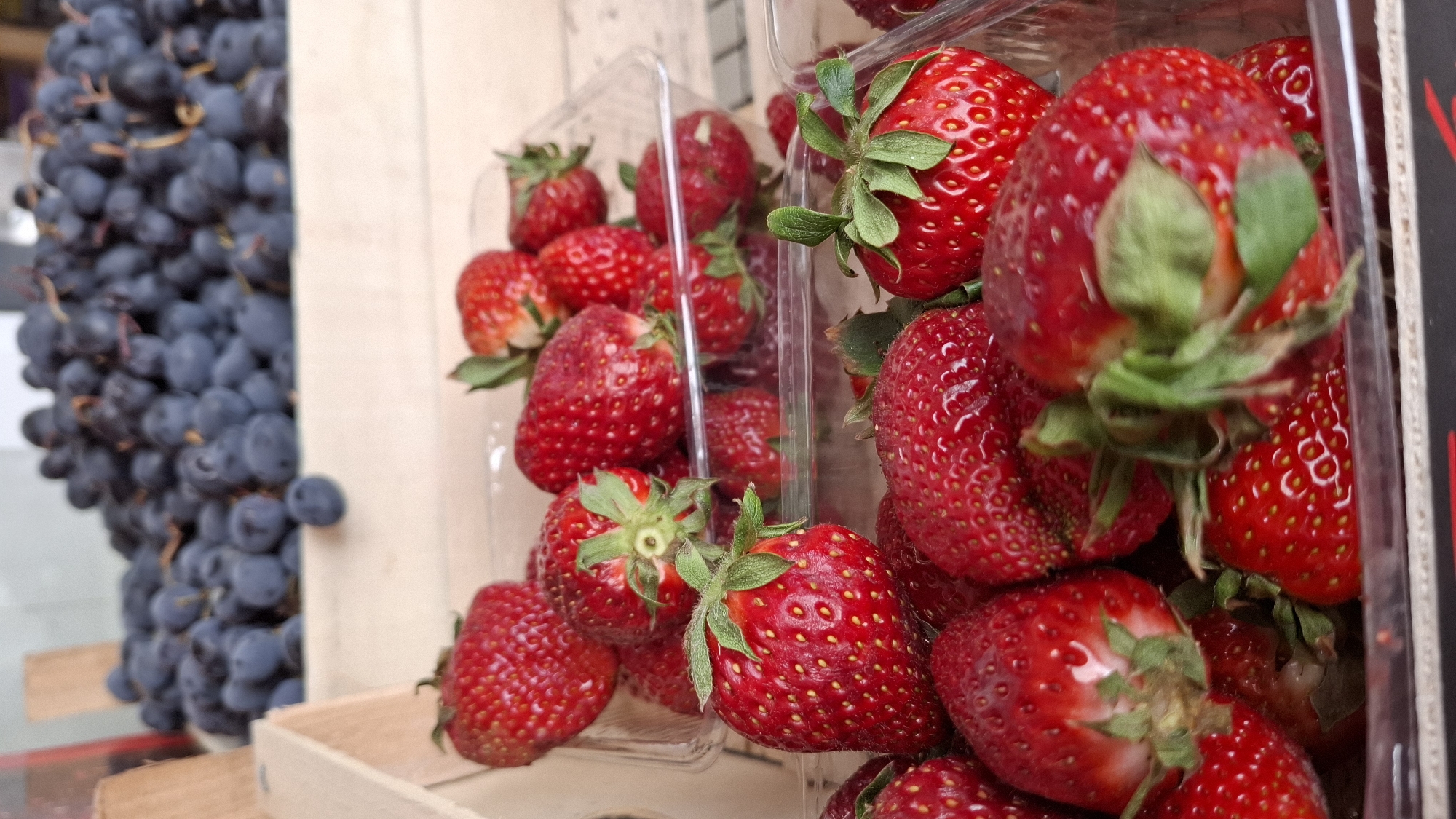 The image depicts a close-up view of fresh produce displayed at a market stall in Boreti, Montenegro. In the immediate foreground, multiple ripe red strawberries, each bearing a green calyx, are contained within clear, rectangular plastic punnets. These punnets are arranged, with some stacked atop others, showcasing the vibrant red color and textured surface of the berries. In the blurred background, a substantial quantity of dark blue-purple berries, consistent with blueberries, is visible within a light-colored wooden crate. No individuals or actions are depicted; the scene is a static presentation of fruit.
