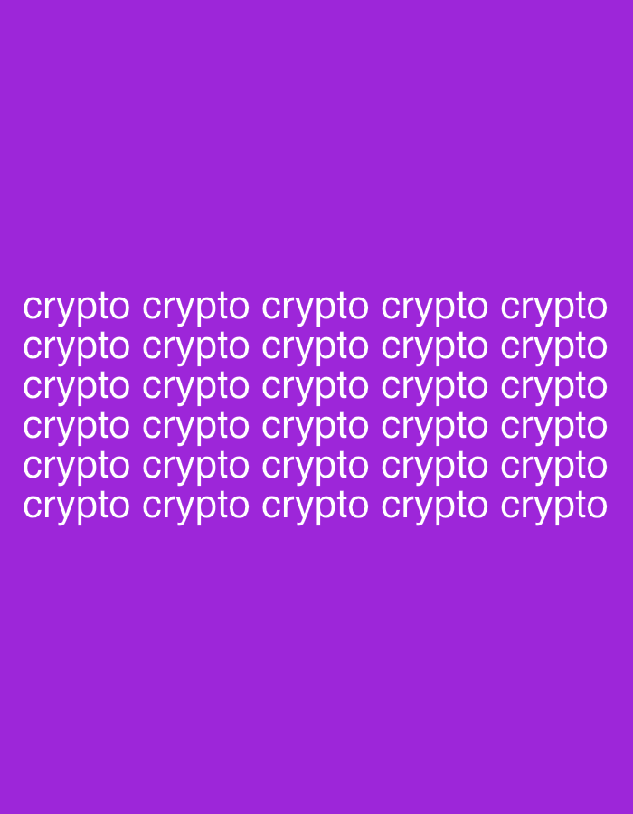 This digital graphic, observed in the city of Berezyna, Ukraine, displays a solid purple background. The word "crypto" is presented in white, lowercase, sans-serif text, repeated in six distinct horizontal rows across the lower portion of the image. Each row contains approximately 5 to 6 instances of the word "crypto." No people, objects, actions, interactions, or additional environmental elements are present within the scene.
