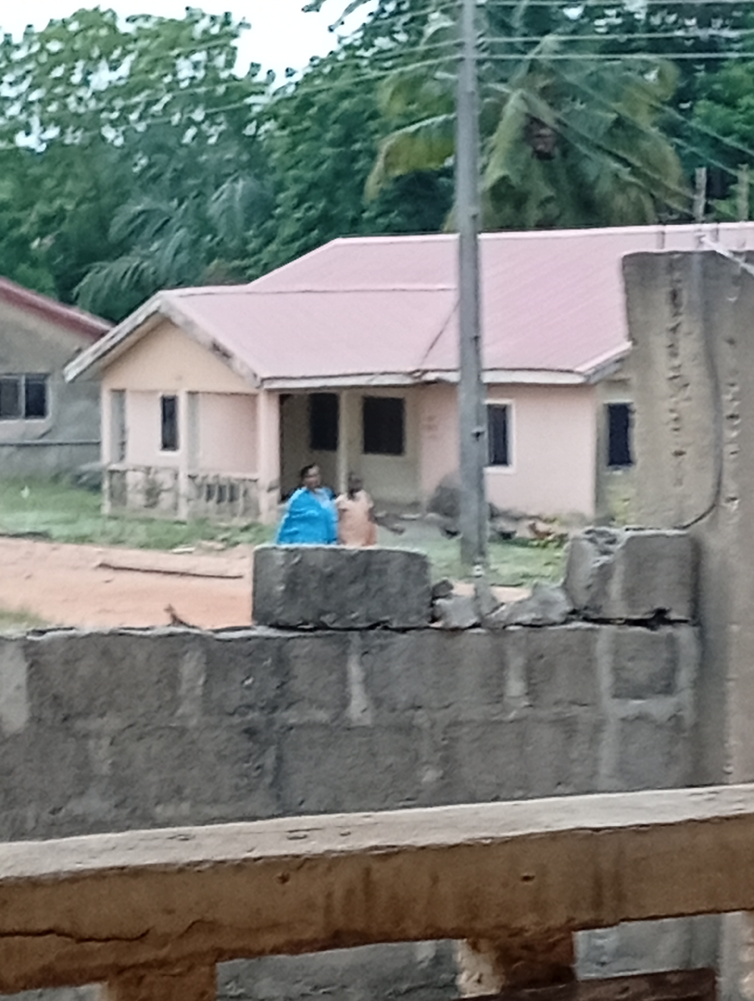 The image captures a rural or semi-urban scene in Adankolo, Nigeria, featuring two single-story houses, lush green foliage, and infrastructure elements under what appears to be daytime conditions.
In the mid-ground, two houses are visible. The central house has light-colored walls and a reddish-brown, gabled roof. Its entrance area has steps and pillars, and there are visible windows, one of which appears to be boarded or dark. To its left, another house with a similar roof color and light walls is partially visible. The ground in front of and between the houses is unpaved, appearing as dirt or reddish earth with some sparse grass patches.
Two individuals are positioned in the mid-ground, in front of the central house, behind a low concrete block structure or wall. One person, on the left, is wearing a bright blue garment. The other person, to their right, is in lighter-colored attire. Their expressions and specific actions are not discernible due to the distance and image quality.
Behind the houses, dense, verdant trees and foliage dominate the background, suggesting a natural, vegetated environment. A tall utility pole with power lines runs vertically through the center-right of the frame, extending towards the top.
In the foreground, a prominent, rough concrete block wall or barrier runs horizontally across the lower part of the image, partially obscuring the view. Another wooden beam or structure is visible even closer in the very bottom foreground. On the far right, a sturdy concrete pillar or wall section shows some texture and wear.
The lighting suggests it is daytime, possibly overcast or during the early morning/late afternoon, as there are no harsh shadows. No discernible text is visible anywhere in the image.