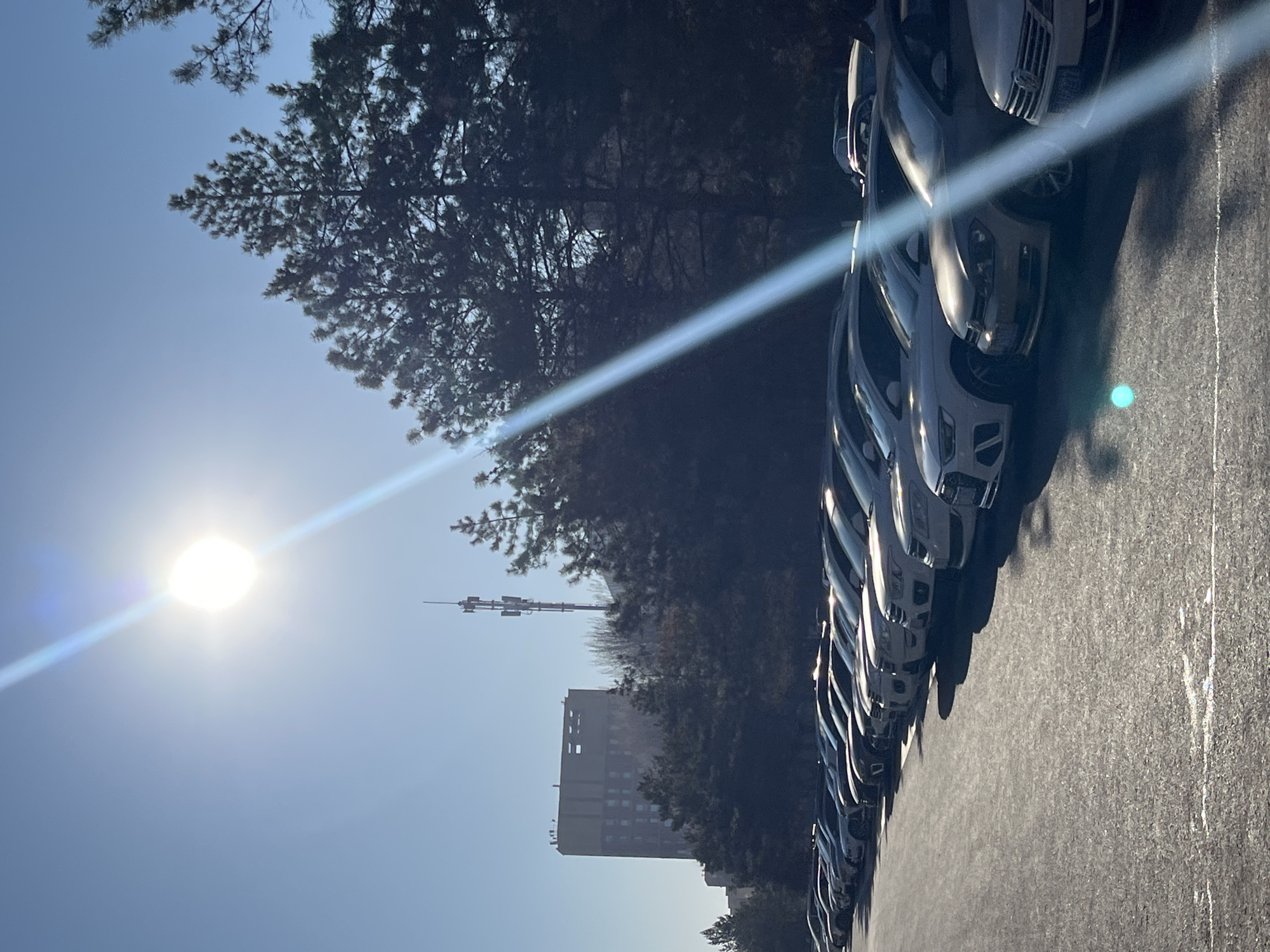 The image shows a row of parked cars along a street on a sunny day. In the background, a tall building and a communications tower are visible. The location is likely in Changchun City, China. The scene depicts an outdoor parking area with vehicles lined up.