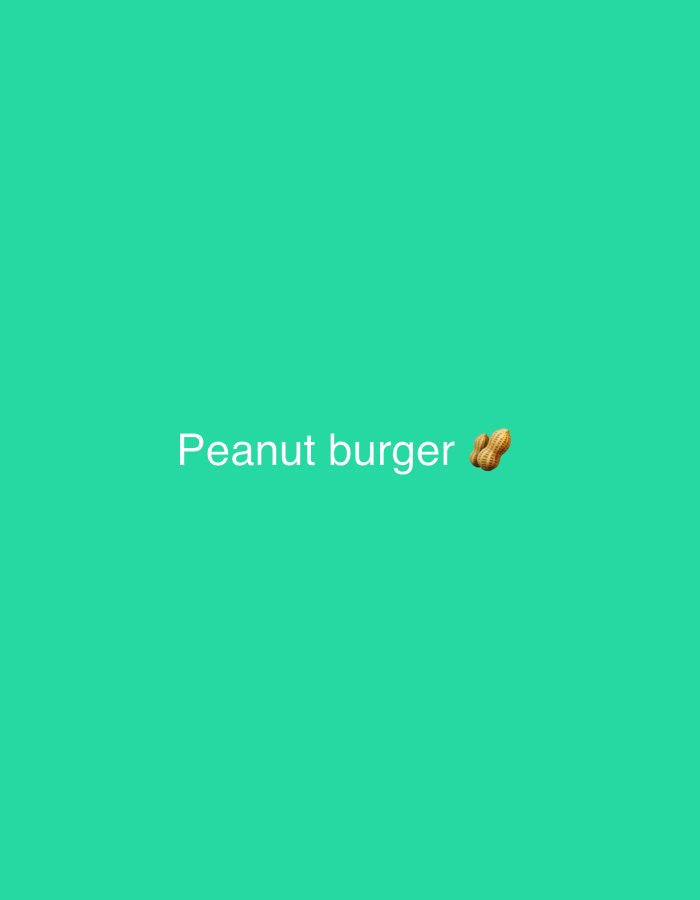 The image displays a minimalist graphic design on a solid, vibrant teal-green background. Centered horizontally and slightly above the vertical midpoint, white sans-serif text spells "Peanut burger." Immediately to the right of the text is a three-dimensional peanut emoji (🥜), depicted with a brown, textured shell. No people, physical objects beyond the text and emoji, actions, interactions, or discernible environmental features are present. The image provides no visual information or contextual clues to indicate a geographical location, including the city of Rafin Par, Nigeria, or any other real-world setting.
