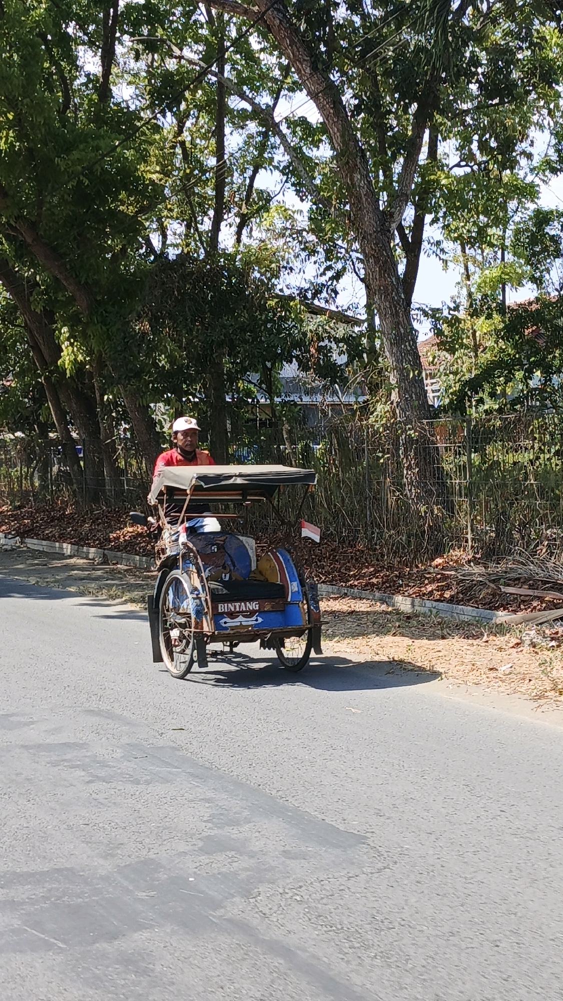 An Indonesian man is driving a blue and white three-wheeled pedicab on an asphalt road in the city of Pangandaran, Indonesia. The man is wearing a red shirt and a white cap. The pedicab has a canopy that is partially open, and there is a small Indonesian flag attached to the back. The road is lined with trees and a fence. The sun is shining brightly, casting shadows on the road. The pedicab appears to be old and somewhat worn. The word "BINTANG" is visible on the side of the pedicab.