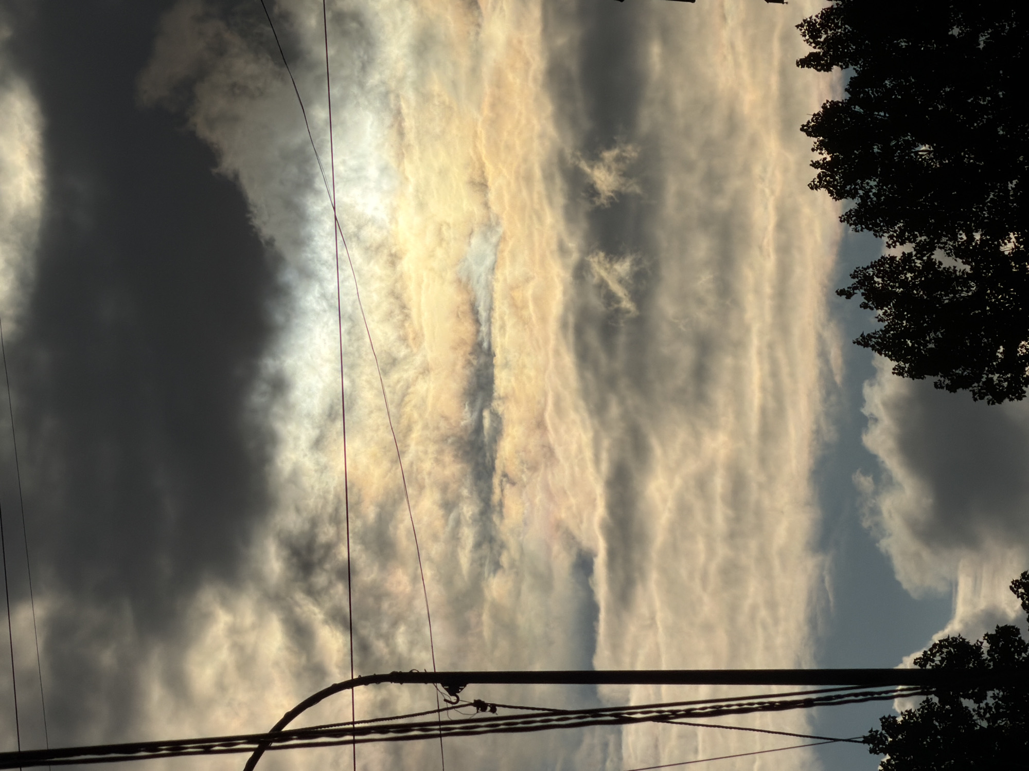 The image shows a view of the sky with clouds, power lines, a lamppost, and silhouetted trees. The clouds are varied, with some dark and ominous, and others illuminated with a golden and iridescent hue, possibly indicating a sundog or iridescence. The power lines crisscross the frame, and a lamppost is visible on the left side of the image. Silhouetted trees form a dark band across the bottom of the frame. The overall impression is of a dramatic sky, possibly at sunrise or sunset. The specific location in Pavlodar, Kazakhstan, cannot be determined from the visual information alone.