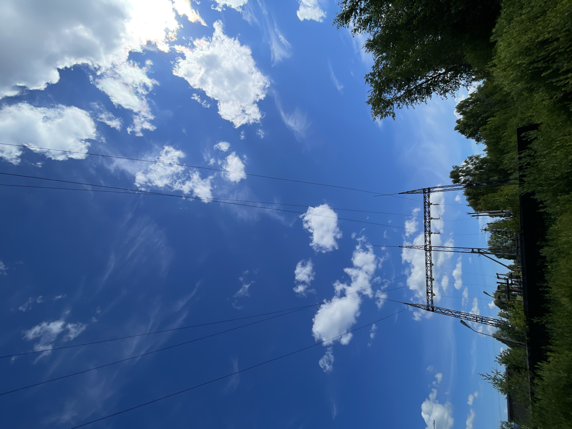 The image depicts a power substation in the city of Zarechny, Russia, under a bright blue sky dotted with white clouds. Power lines stretch diagonally across the frame, converging towards a tall, metal pylon structure that forms the central element of the substation. The substation itself appears to be an industrial area with various electrical equipment, including transformers and insulators, partially obscured by lush green vegetation. Trees and bushes surround the substation, with some foliage in the foreground appearing wind-swept. The overall scene suggests an operational industrial facility within a natural, vegetated landscape.