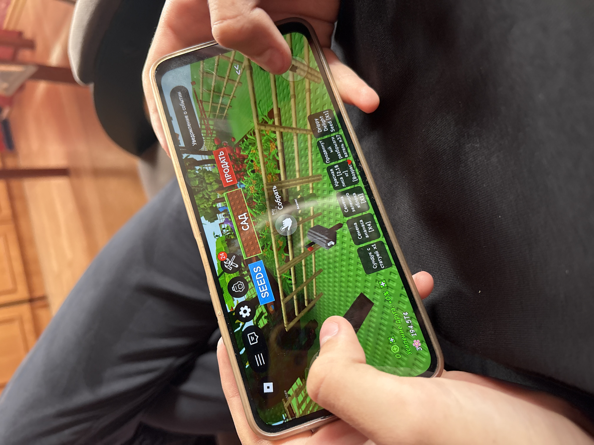 The image shows a person's hands holding a smartphone, playing a game. The game appears to be a farming or gardening simulation, with on-screen buttons and graphics depicting crops, tools, and gameplay elements. The phone is held in landscape orientation. The background is out of focus, but appears to be an indoor setting with wooden furniture and flooring, possibly a living room or dining room. There is no visible indication of the city of Ветлужский, Russia.