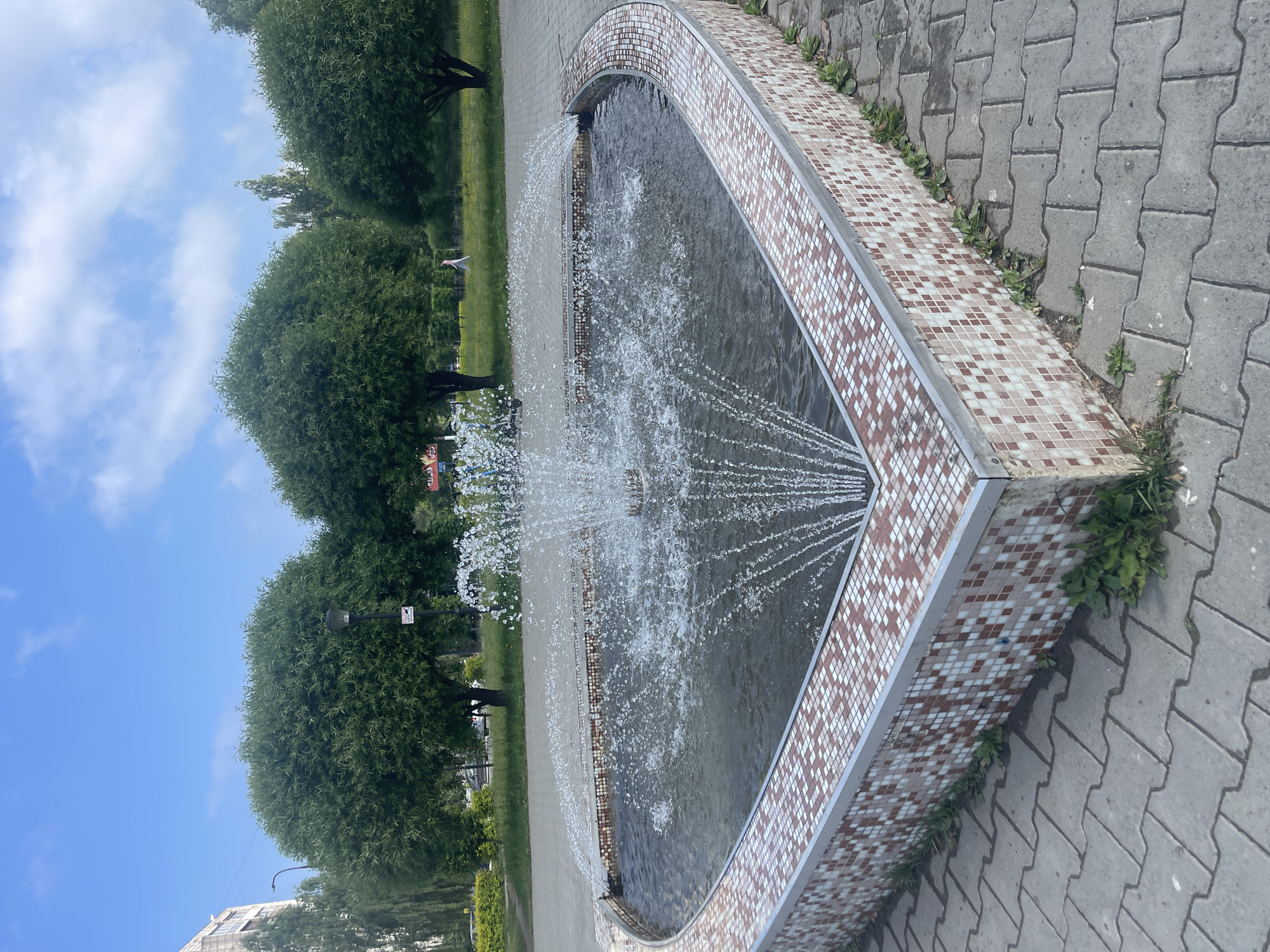 In the city of Chaikovsky, Russia, a heart-shaped fountain with a tiled border of white and reddish-brown squares is actively spraying water. The fountain is situated on a paved area made of interlocking gray concrete blocks. Beyond the fountain, a grassy area with scattered yellow wildflowers is visible, bordered by a line of trees. In the background, a few more trees and a building are present, under a bright blue sky with scattered white clouds. A lone person in a light-colored outfit walks across the grassy area in the distance.