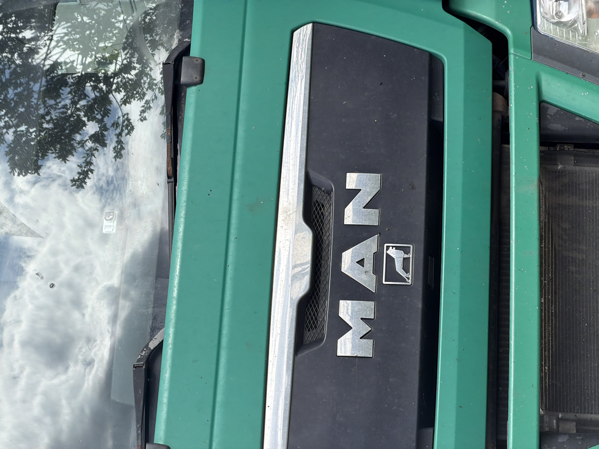 The image shows the front of a green MAN truck. The MAN logo is prominently displayed on the black grill. The truck's windshield reflects trees and a cloudy sky. A radiator is visible on the right side of the grill.