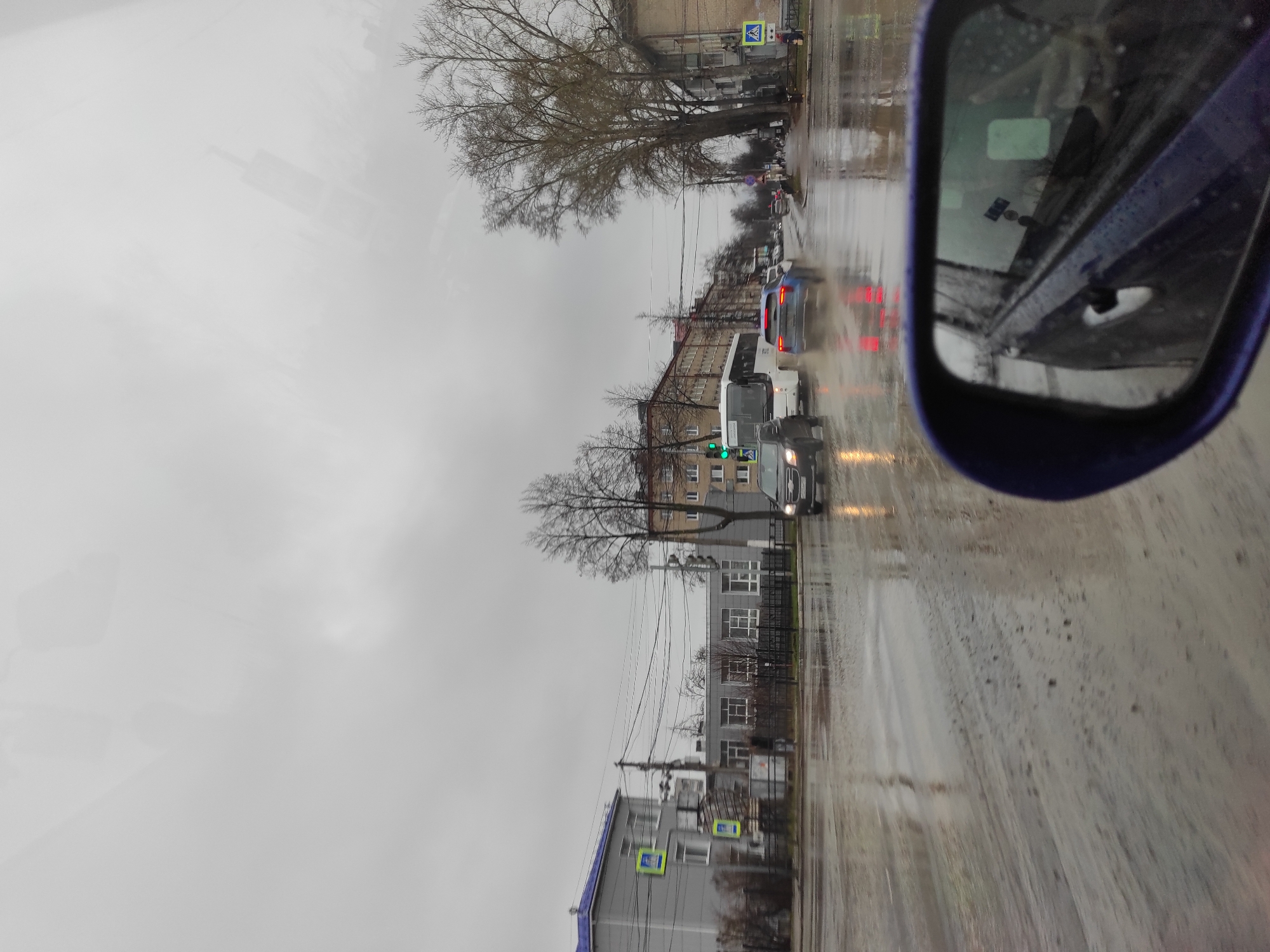 The image depicts a street scene in Chaikovsky, Russia on a rainy day, as viewed from inside a vehicle. A dark-colored vehicle is visible in the foreground through the side mirror. Further down the street, several buildings line the road. Vehicles, including a bus, are present on the wet road surface. Pedestrian crossing signs are visible along the sidewalk, indicating crosswalks. Trees with bare branches are scattered along the street. The sky appears overcast and grey.