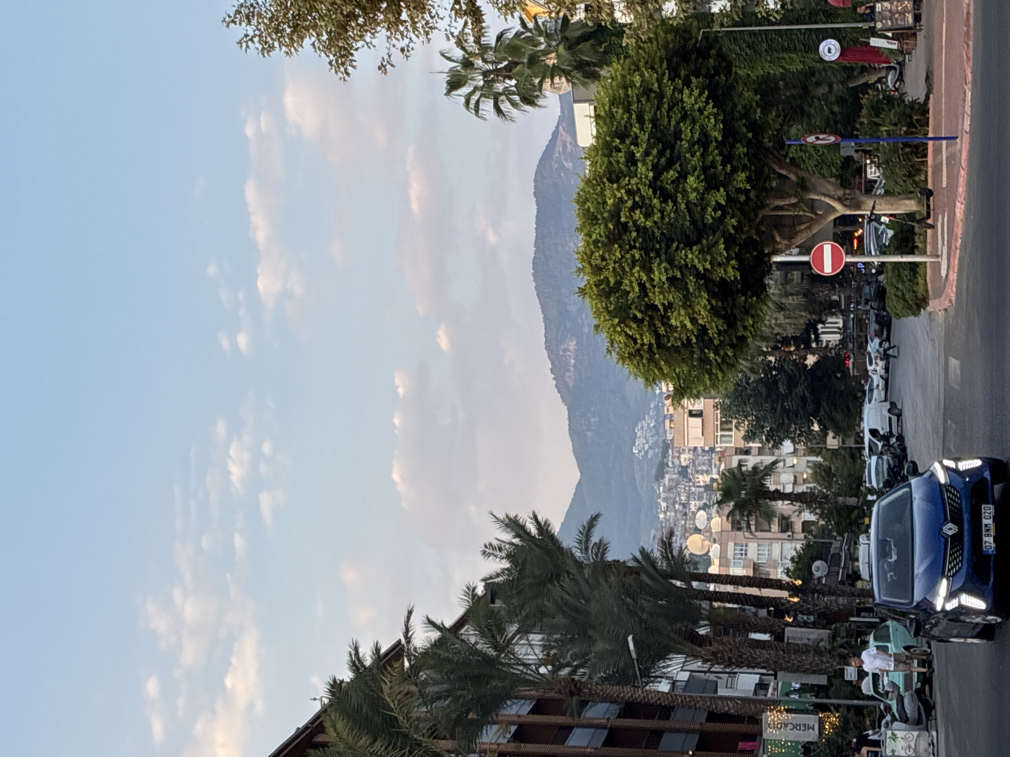 The image shows a street scene in Alanya, Turkey, likely during the day, with buildings, vehicles, trees, and mountains in the background. The sky is partly cloudy with a pale blue hue. On the left side of the street, a multi-story building with dark brown siding and numerous windows is visible, lined with tall palm trees. Further down the street, other buildings with light-colored facades and satellite dishes are present, suggesting a residential or commercial area.
In the foreground, a blue Renault car with its headlights on is driving on the asphalt road. The car has a license plate that reads "07 BNM 020". Several other vehicles, including a white van, motorcycles, and other cars, are parked or driving on the street. A person wearing a white t-shirt and shorts stands near a light blue car on the left side of the road.
A large, lush green tree with a rounded canopy dominates the right side of the image, with its branches extending across the street. Two circular traffic signs are posted on poles near the tree: one is a red and white "No Entry" sign, and the other appears to be a "No U-turn" sign. An electric scooter is parked near the base of the tree.
In the distance, a range of mountains forms the backdrop, with a densely populated town or city cascading down their slopes. The overall atmosphere is that of a vibrant urban environment integrated with natural elements.