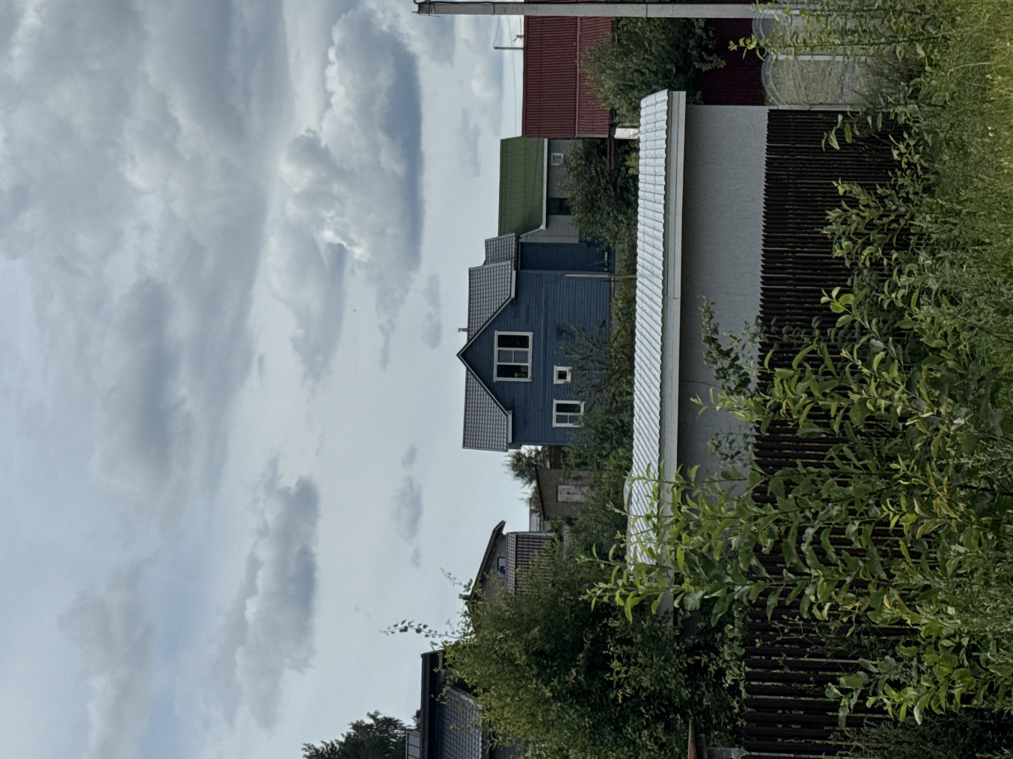The image depicts a suburban or rural setting with a cluster of houses visible under a cloudy sky. In the foreground, dense green foliage and tall grass obscure a dark wooden fence that runs horizontally across the lower portion of the frame.
Dominating the middle ground is a two-story blue house with a dark gray roof. It features several white-framed windows, including a prominent one on the second floor and a smaller square one below it. To the right of the blue house, a gray building with a green roof is partially visible, followed by another structure with a red corrugated metal roof. Further to the left, a portion of a dark-roofed house is seen behind lush green trees.
In the background, more houses and trees are scattered across a gentle slope. A tall utility pole with wires is visible on the far right edge of the image. The overall impression is of a residential area on an overcast day. The specific location is identified as Steklyannyi, Russia.