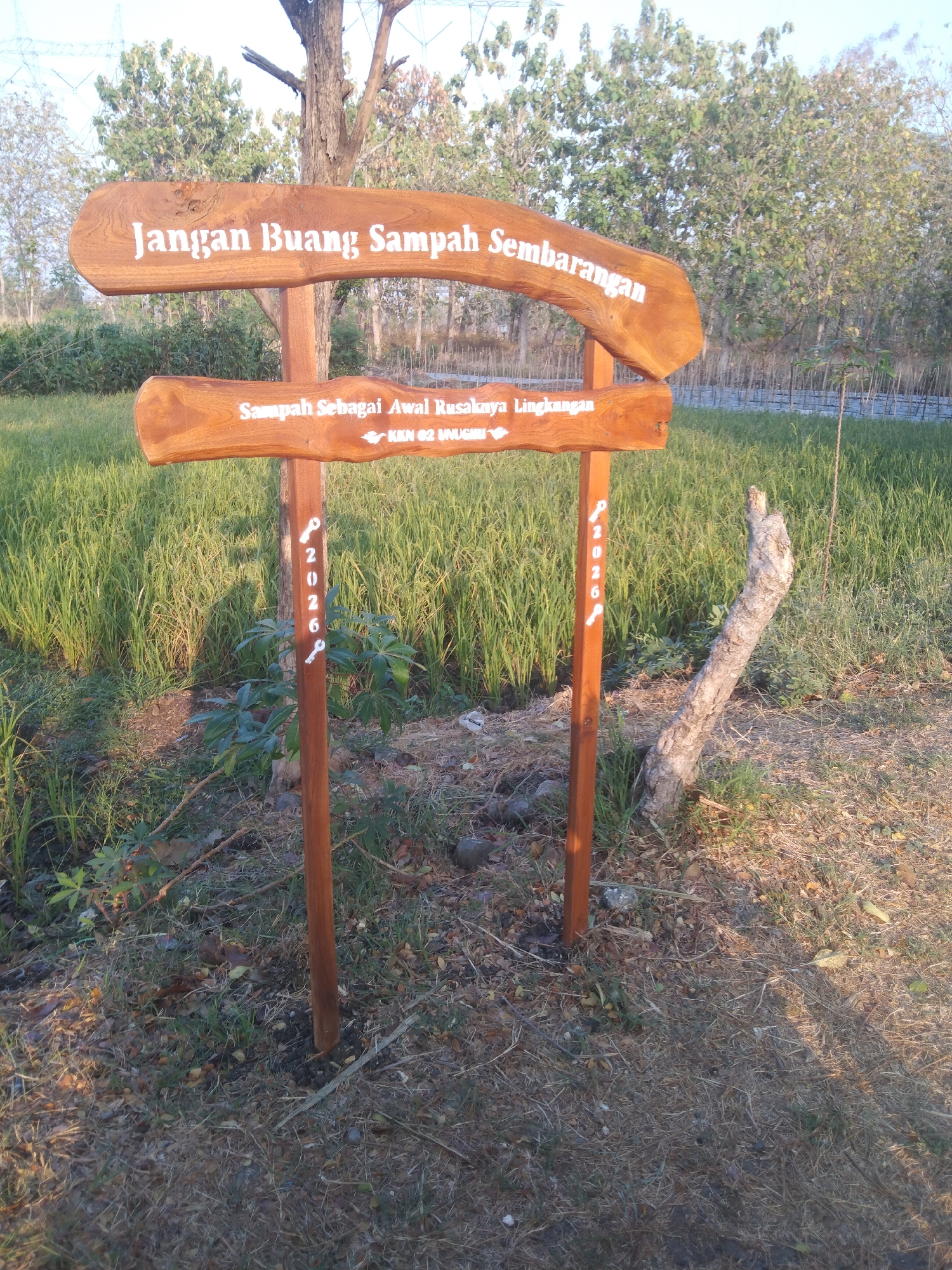 The image depicts a wooden signpost with two horizontal planks in a rural outdoor setting. The sign is made of natural wood with carved white lettering. The top plank reads "Jangan Buang Sampah" (Don't Litter) and the plank below it says "Sampah Sebagai Awal Rusaknya Lingkungan" (Trash is the Beginning of Environmental Damage) with "KKN 02 UNUGIRI" written below it. The signpost has two vertical wooden posts supporting the planks. White numbers "9 2026 9" are painted vertically on the left post, and "9 2026 9" on the right post, separated by what appear to be stylized key shapes. The background consists of green vegetation, likely rice paddies, and trees. The ground is covered with dry grass, leaves, and some small rocks. The lighting suggests it is late afternoon, with shadows cast by the signpost. The location of Growok, Indonesia is not explicitly visible in the image but is provided as context.