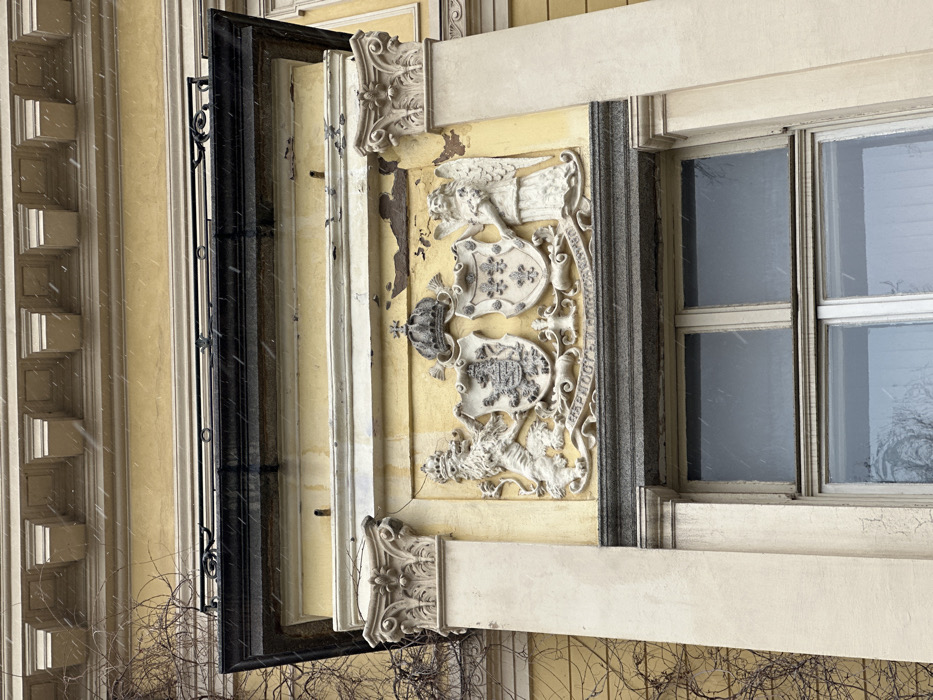 A vertical, eye-level photograph captures a section of a building facade in Sofia, Bulgaria, during light snowfall. The central focus is an off-white stucco relief panel affixed to a pale yellow wall. This panel depicts a coat of arms featuring a large crown above two shields, one displaying multiple smaller shields and the other with a pattern of fleurs-de-lis. A crowned lion rampant on the left and an angelic figure on the right support the shields, with a scroll containing indistinct text below. The relief is flanked by two cream-colored pilasters topped with ornate Corinthian capitals. The pale yellow wall surrounding the relief shows significant signs of age, including peeling paint and dark moisture stains. Above this section, a dark, weathered cornice or balcony railing with decorative wrought iron elements extends horizontally. Higher up, a lighter cream-colored frieze with a dentil pattern is visible against a continuation of the pale yellow facade. Bare, leafless branches of a climbing plant cling to the facade on the far left. The lower portion of the image reveals the top section of a multi-paned window with white frames. Small white specks are present across the image, indicating ongoing light snowfall, under what appears to be an overcast sky. No people or active interactions are visible within the scene.