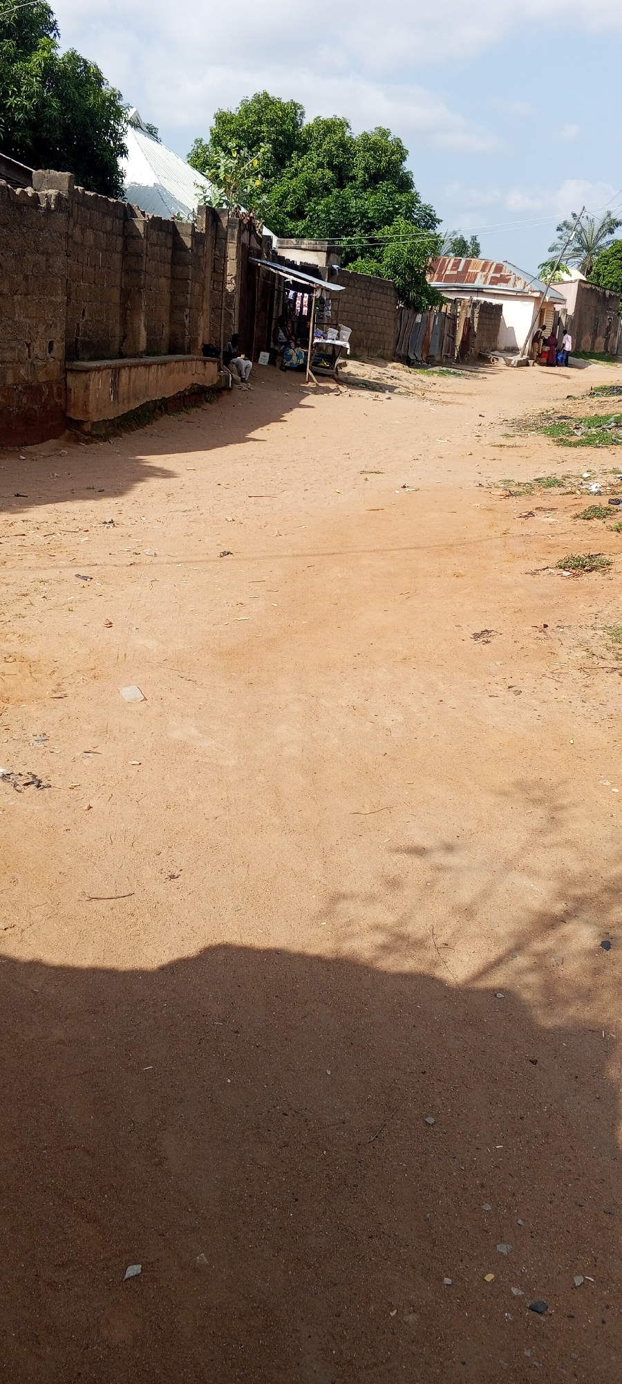 The image shows a dusty street in Jalingo, Nigeria, on a clear, sunny day. In the background, there are buildings with corrugated iron roofs and brick walls, typical of the local architecture. A few people are visible, some sitting and others standing near a small roadside stall selling various goods. Lush green trees are scattered throughout the scene, providing shade and a splash of color against the dry, sandy ground. The sunlight casts long shadows, indicating it is likely late morning or early afternoon. The overall atmosphere appears calm and ordinary, depicting a typical day in a Nigerian town. There is no visible text in the image.