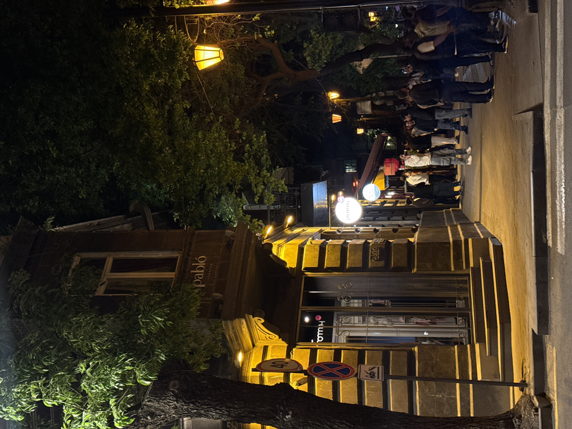 At night in Yerevan, Armenia, a queue of people wait on the pavement outside of a building, the front of which has illuminated signage in an unknown language. The building is lit with yellow lights that emphasize its architectural features. Trees line the street. Overhead lights are scattered along the street, illuminating the scene. Several traffic signs are attached to a pole near the building. A building with a window and a sign for "pablo Yerevan" is to the left of the building with the queue.