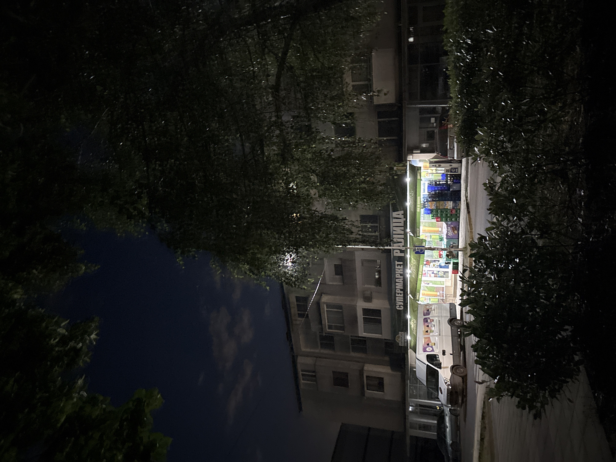 At night, a white delivery van is parked in front of a brightly lit supermarket. The supermarket's facade features illuminated green awnings and displays of products inside. The van is positioned to the left of the supermarket entrance. Behind the supermarket, a multi-story building with windows is visible. The scene is framed by the dark silhouettes of trees and foliage in the foreground and upper edges of the image. The sky above is dark blue with some scattered clouds.