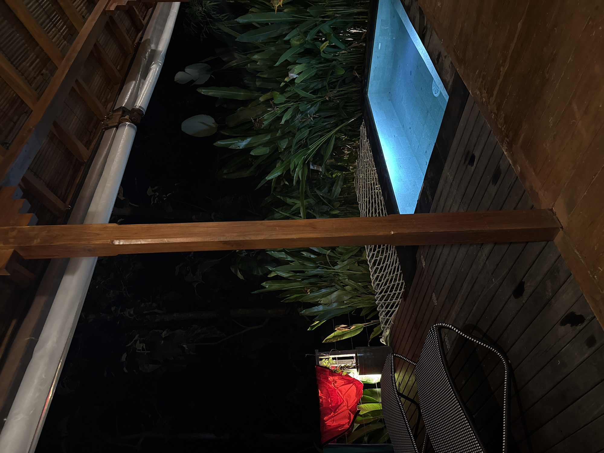 This media file captures a serene outdoor nocturnal scene, likely at a resort or private villa in a tropical setting. The image is composed of various architectural and natural elements under artificial lighting.
In the upper left, a rustic wooden roof structure is visible, featuring exposed beams and what appears to be corrugated material underneath. Below this, a long, white cylindrical pipe, possibly wrapped in protective material, runs vertically.
The background is dominated by lush, dark green tropical foliage with large leaves, creating a dense, natural wall. Within the foliage on the left, several lighter, circular shapes resembling water lily pads are faintly discernible.
The upper right portion of the image reveals a narrow, rectangular swimming pool or water feature, illuminated from within by a striking blue light, creating a vivid glow. Below the pool, a wooden deck extends into the foreground. A black and white patterned outdoor chair is positioned on this deck. Adjacent to the chair, a bright red fabric object is illuminated by a warm, unseen light source, casting a soft glow on the immediate area. A white, net-like barrier separates the pool from the wooden deck.
A prominent horizontal wooden beam spans across the middle of the frame, providing structural support and visually dividing the scene. The deep shadows throughout the image confirm it is nighttime. No people or specific activities are visible, contributing to a tranquil and inviting ambiance. The tropical vegetation and wooden architecture are consistent with the provided location context of Kuta Selatan, Indonesia. There is no visible text in the image.