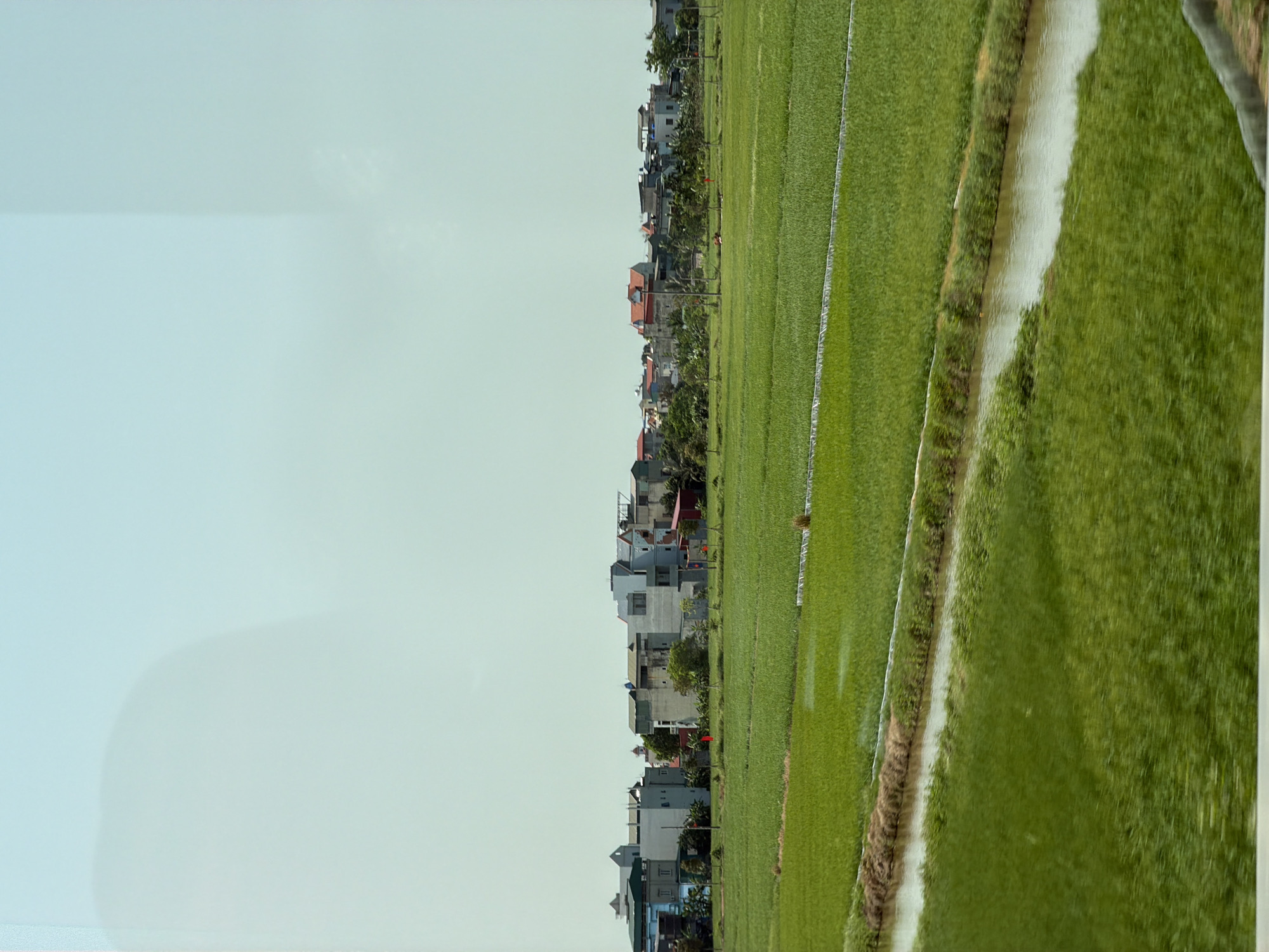 The image displays a panoramic view of a rural or semi-rural landscape in Hải Phòng, Vietnam, under a bright, clear sky. The scene is dominated by vast, verdant green fields, likely rice paddies, stretching across the foreground and mid-ground. Some sections of the paddies show reflections of water, indicating they are actively irrigated. Narrow paths or irrigation channels, some muddy brown and others appearing to be concrete, divide the fields.
Along the horizon, separating the fields from the sky, is a long row of houses, forming a village or small town. These residential buildings vary in size, height, and architectural style, with facades in shades of grey, white, and brown, and some featuring red tile roofs. Lush trees and smaller vegetation are interspersed among and behind the houses, adding greenery to the settlement. Small red flags can be seen near some of the structures.
The sky occupies the upper portion of the image, appearing as a soft, light blue with minimal cloud cover, suggesting fair weather conditions. The lighting is even, indicating it is daytime, possibly late morning or early afternoon. There are no people visible, and no specific activities are taking place, presenting a tranquil and static view of the agricultural and residential landscape. No visible text is present in the image.