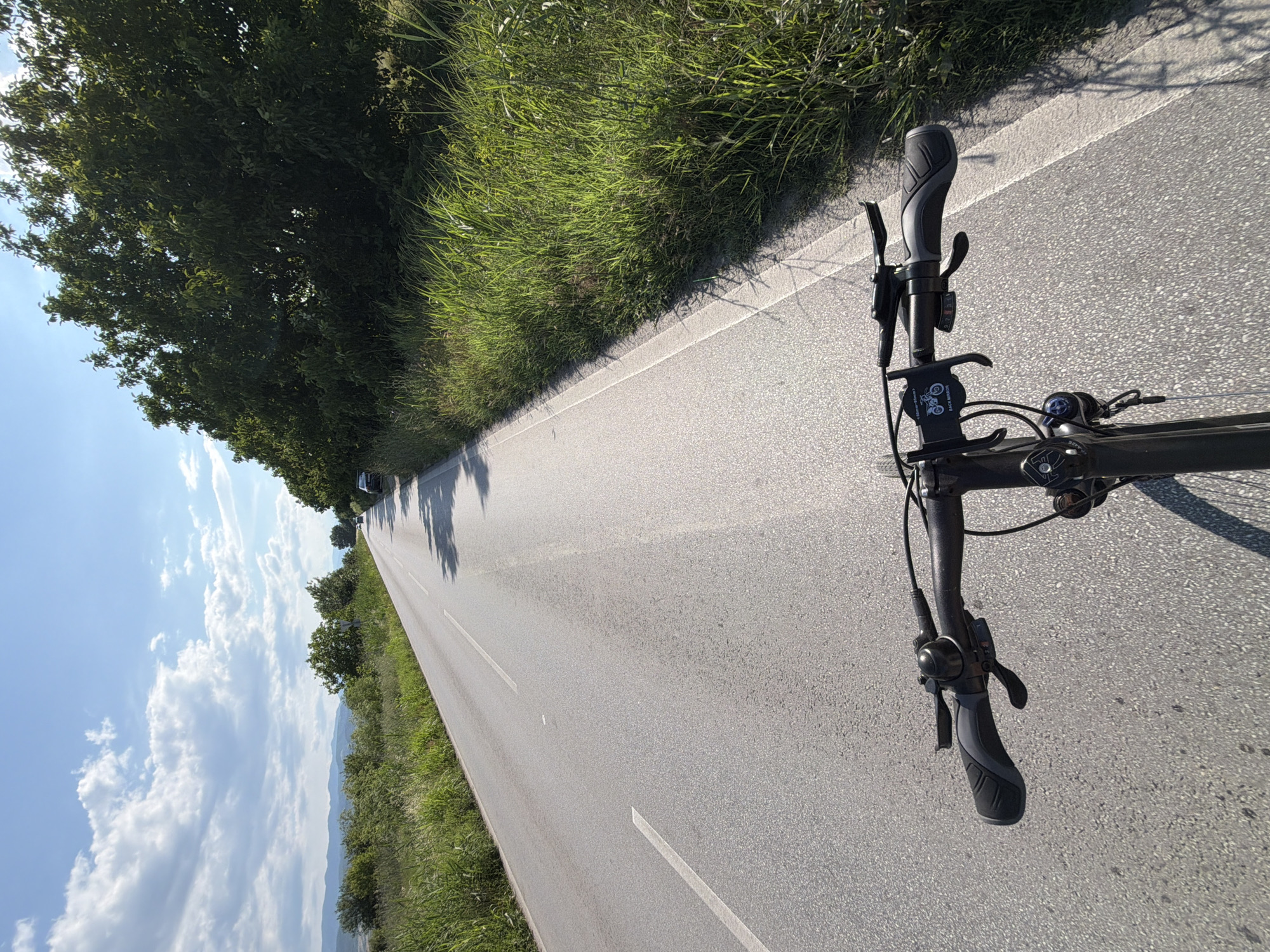 A first-person perspective video frame captured while cycling on a paved road. The road has white lane markings and is bordered by tall green grass and a dense line of trees on the right. In the distance, the road curves slightly, and a few parked cars are visible along the side. The sky is blue with scattered white clouds. The handlebars and front portion of the bicycle are prominently visible in the foreground. The scene is set on a sunny day. The location is Zlatitrap, Bulgaria.