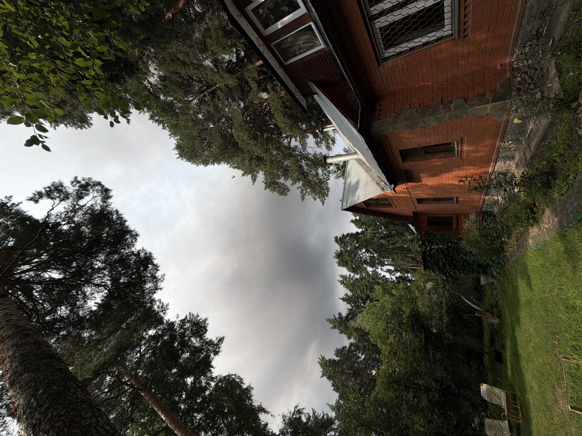 The image depicts a brick house with a metal roof, surrounded by lush green trees and foliage. The house has multiple windows, some with protective grates. In the foreground, a manicured lawn is visible, with two empty lounge chairs suggesting a recreational area. A stone pathway leads towards the house. The sky above is overcast, with heavy clouds creating a dramatic backdrop. The scene appears to be a residential property, likely a dacha, in Udelnaya, Russia, given the characteristic pine trees and overall natural setting. There are no people or animals present in the image.
