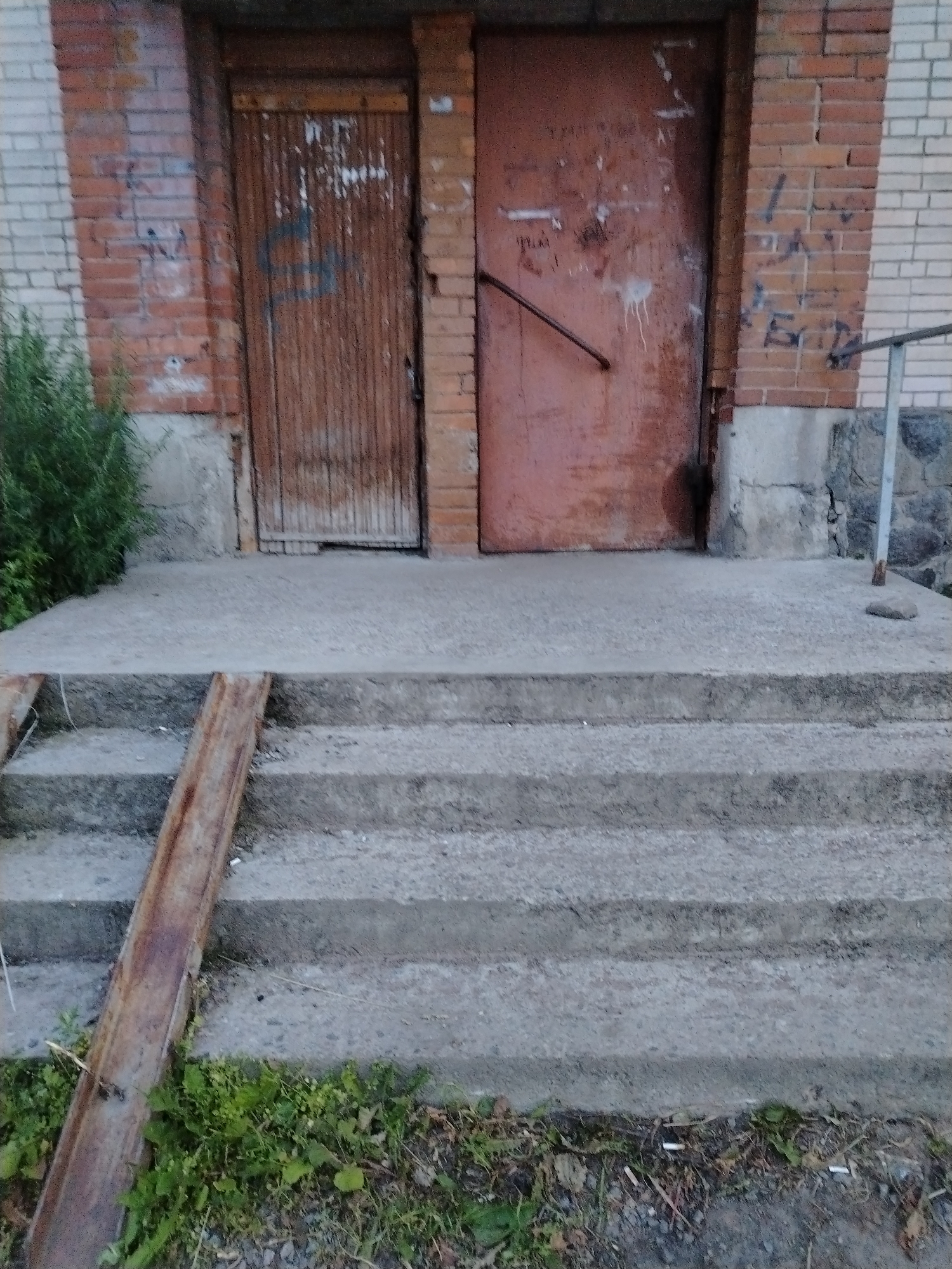 The image shows an exterior view of a building entrance with two doors and a set of concrete stairs. The left door is made of vertical wooden planks and appears weathered. The right door is a solid, reddish-brown metal door with a dark horizontal bar, possibly a handle or support. Both doors have graffiti scrawled on them. The building facade is constructed of brick, with some sections appearing lighter in color, possibly due to paint or different material. To the left of the entrance, there is dense green foliage. A concrete ramp made of a rusty metal channel runs diagonally across the lower portion of the stairs. The stairs themselves are made of concrete and show signs of wear. The ground at the bottom of the stairs is covered with grass, dirt, and some debris, including what appear to be cigarette butts. The overall scene suggests an urban environment. This location is the entrance to a building on Lomonosova Street in Vyborg, Russia.