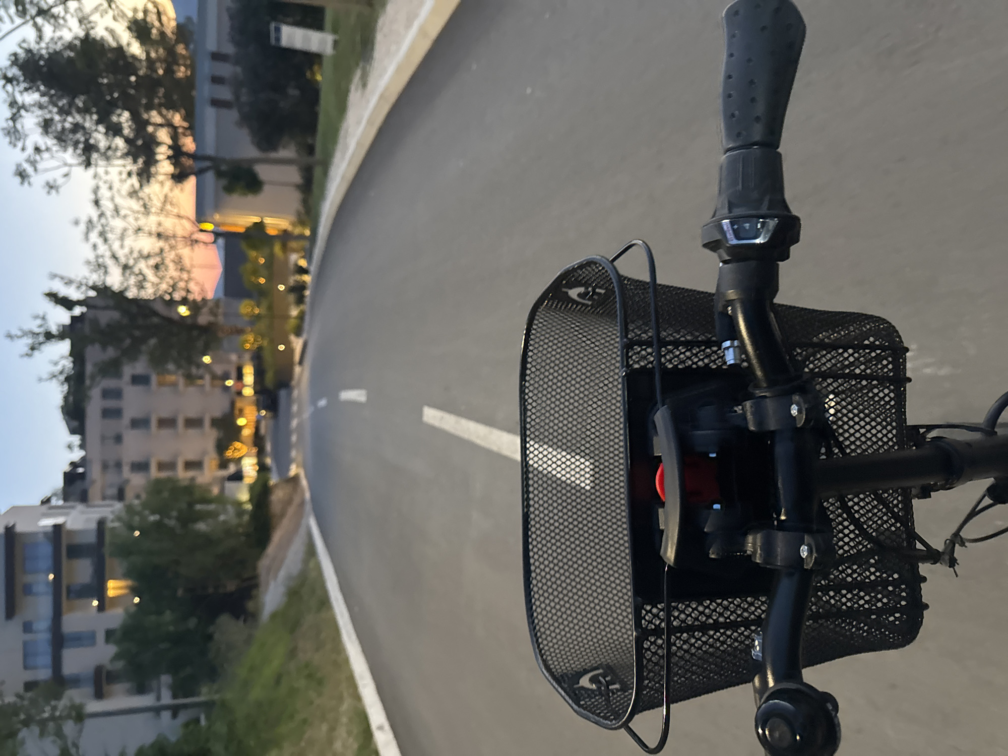 The image shows a view from the handlebars of a bicycle, looking down a paved bike path in Tivat, Montenegro. The path curves slightly to the left and is marked with a white center line. Buildings are visible on the left side of the path, along with trees, suggesting an urban or suburban setting. The time appears to be dusk or early evening, indicated by the lighting. The bicycle has a black wire basket attached to the handlebars, partially obscuring the view. There is no evidence of people, actions, or interactions in the frame.