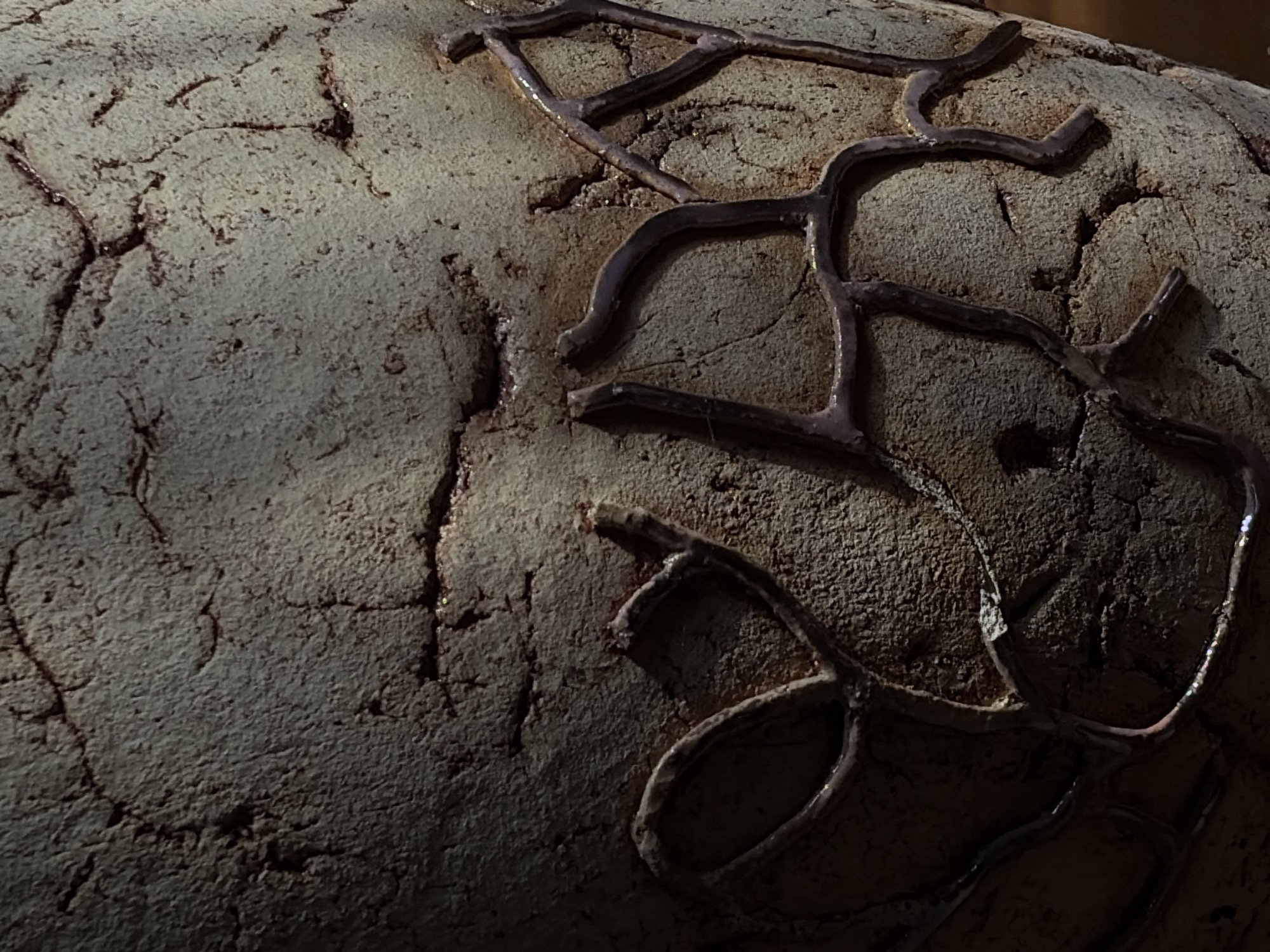 The image shows a close-up of a textured, cracked surface, possibly a ceramic vase or an ancient artifact. Dark, sinuous lines, possibly veins or raised patterns, are embedded within the surface. Some areas are brightly lit, highlighting the rough texture and the sheen of the darker lines, while other areas are in deep shadow. The overall impression is one of age, fragility, and intricate detail. There is no discernible information about the city of Malyshevo, Russia, or any people or actions within the image.