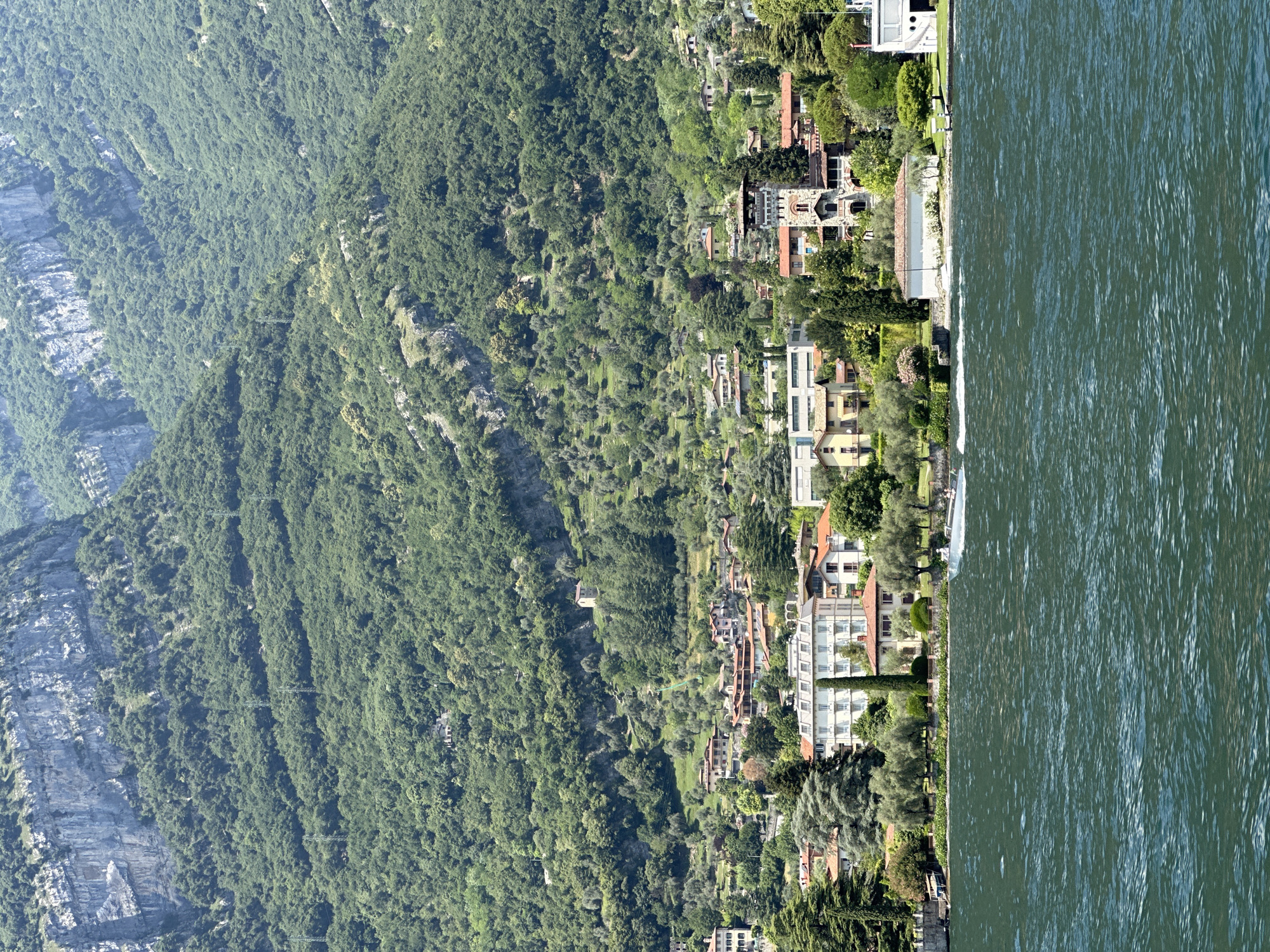 A wide shot captures a sun-drenched scene of Tremezzina, Italy, with the deep blue waters of Lake Como in the foreground. The lake is active with a white speedboat creating a foamy wake as it speeds across the water, carrying two visible passengers. Behind the lake, a dense green hillside rises sharply, covered in lush trees and dotted with a scattering of charming houses and villas. The architecture of the buildings is varied, with some featuring red-tiled roofs and others painted in lighter colors. Several olive trees are visible, adding to the Mediterranean feel of the landscape. In the distance, a massive, sheer rock face dominates the upper portion of the frame, partially shrouded in shadow. The overall impression is one of natural beauty and serene lakeside living.