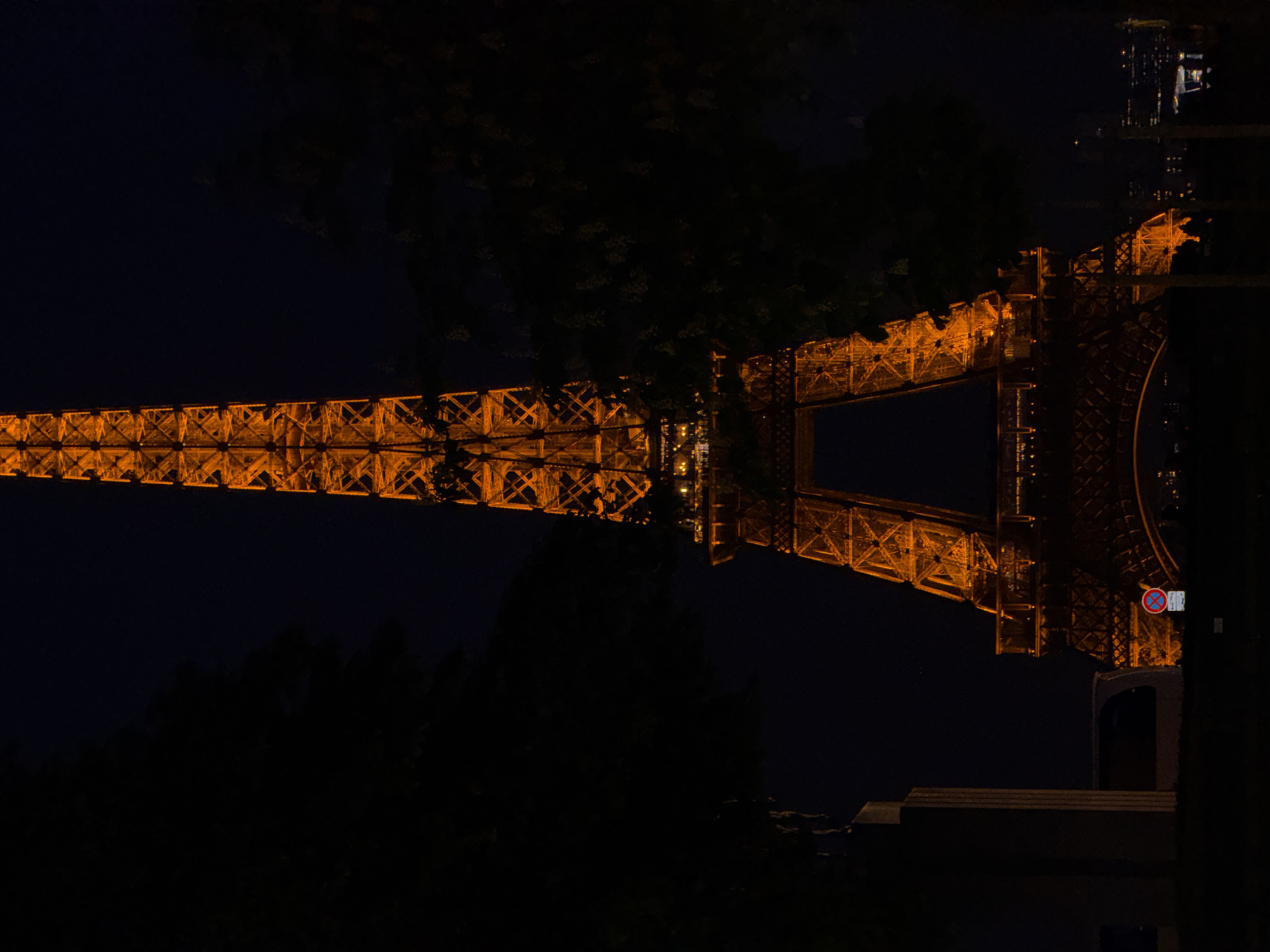 This night photograph presents an iconic view of the Eiffel Tower in Paris, France. The towering structure, oriented vertically, is brilliantly illuminated with a warm, golden-orange light, showcasing its intricate lattice-work against a dark, starless sky.
The scene is dominated by the tower, with dark, silhouetted trees and foliage visible in the foreground and midground, partially obscuring the lower sections of the monument and contributing to the nocturnal atmosphere. Hints of other dark architectural elements or buildings can be seen towards the bottom and right edges of the frame, suggesting an urban environment.
A notable detail is a red and white circular traffic sign, indicating "no parking" or "no stopping," positioned near the base of the tower on the right side of the image. There are no people visible, and no specific activity is taking place; the image focuses on the static, majestic presence of the landmark at night. The artificial lighting creates a dramatic contrast with the surrounding darkness, emphasizing the tower's grandeur.