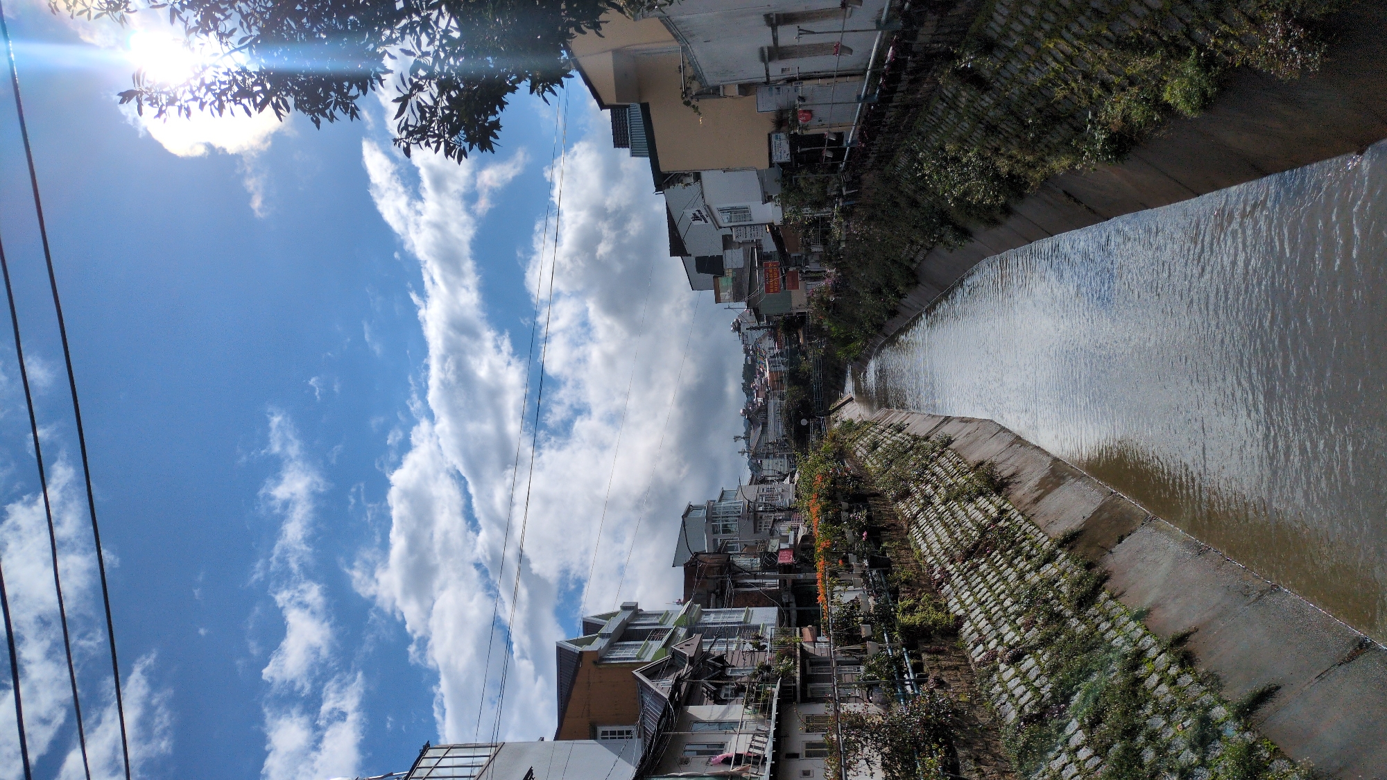 A vertical, eye-level shot captures a canal running through a residential area in Da Lat, Vietnam. The canal, lined with concrete walls and some vegetation, leads the eye towards the distance where buildings of varying heights and architectural styles are visible. The sky above is a bright blue, dotted with fluffy white clouds, and the sun is shining, casting a bright glare in the upper right corner of the image. The buildings on either side of the canal feature multiple stories, balconies, and various window designs, with some showing signs of wear. Lush green foliage and some flowering plants are visible along the canal banks and on the balconies of the buildings, adding a touch of nature to the urban landscape. Overhead, power lines stretch across the frame, indicating the presence of infrastructure. There are no visible people or animals in the frame. The overall scene depicts a tranquil, sunlit day in a city with a unique blend of nature and urban development.